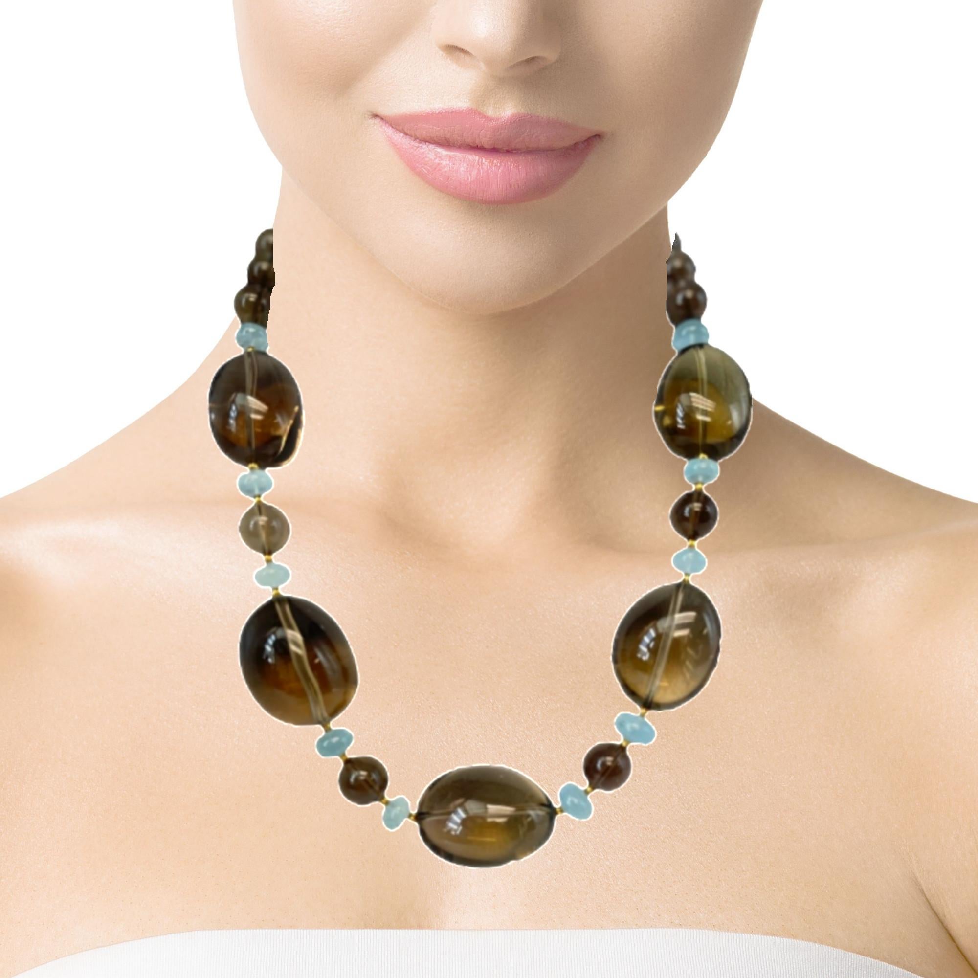 Women's or Men's Smoky Quartz, Aquamarine and 18k Yellow Gold Beaded Necklace, 20 Inches For Sale