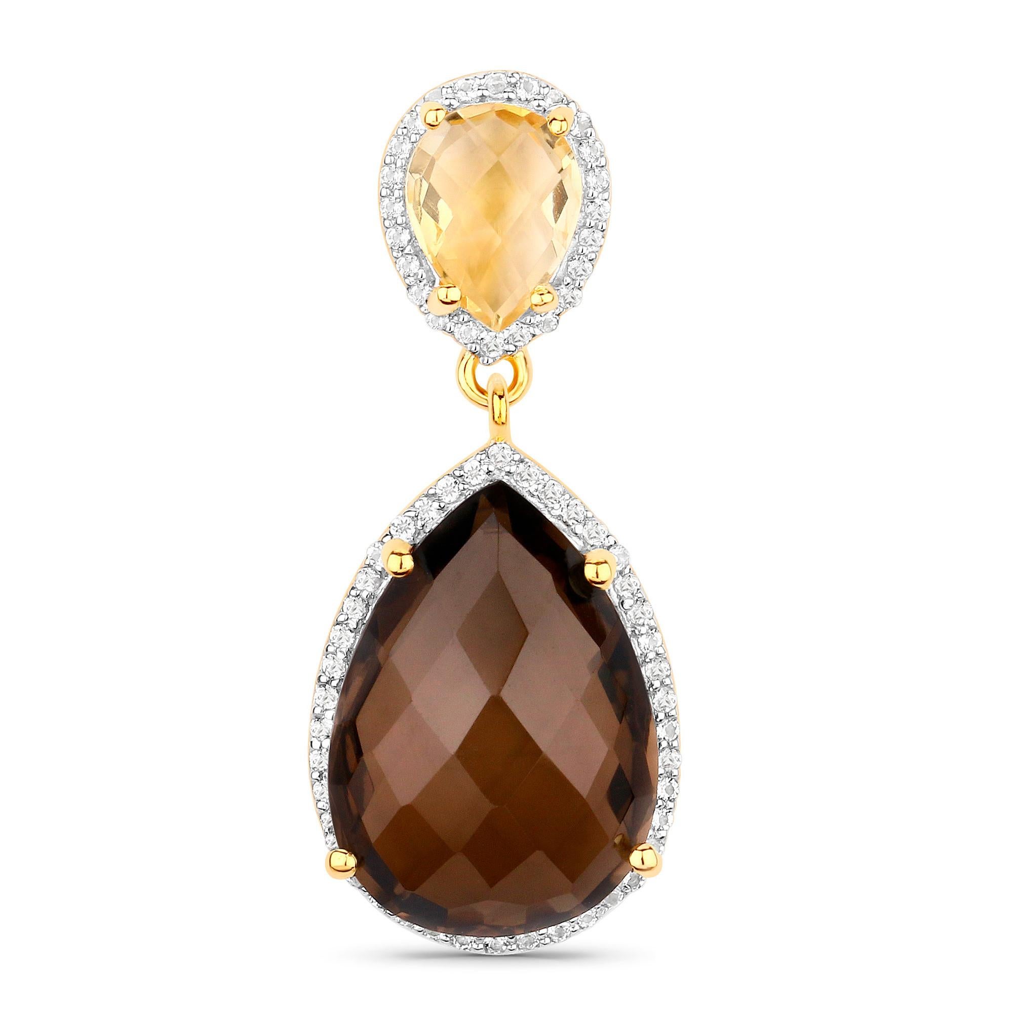 Mixed Cut Smoky Quartz and Citrine Dangle Earrings 21 Carats 18K Gold Plated Silver For Sale
