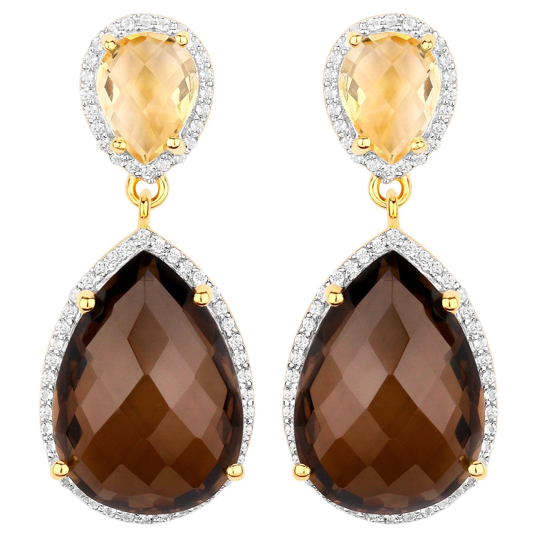 Smoky Quartz and Citrine Dangle Earrings 21 Carats 18K Gold Plated Silver