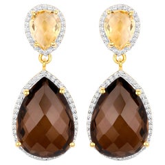 Smoky Quartz and Citrine Dangle Earrings 21 Carats 18K Gold Plated Silver