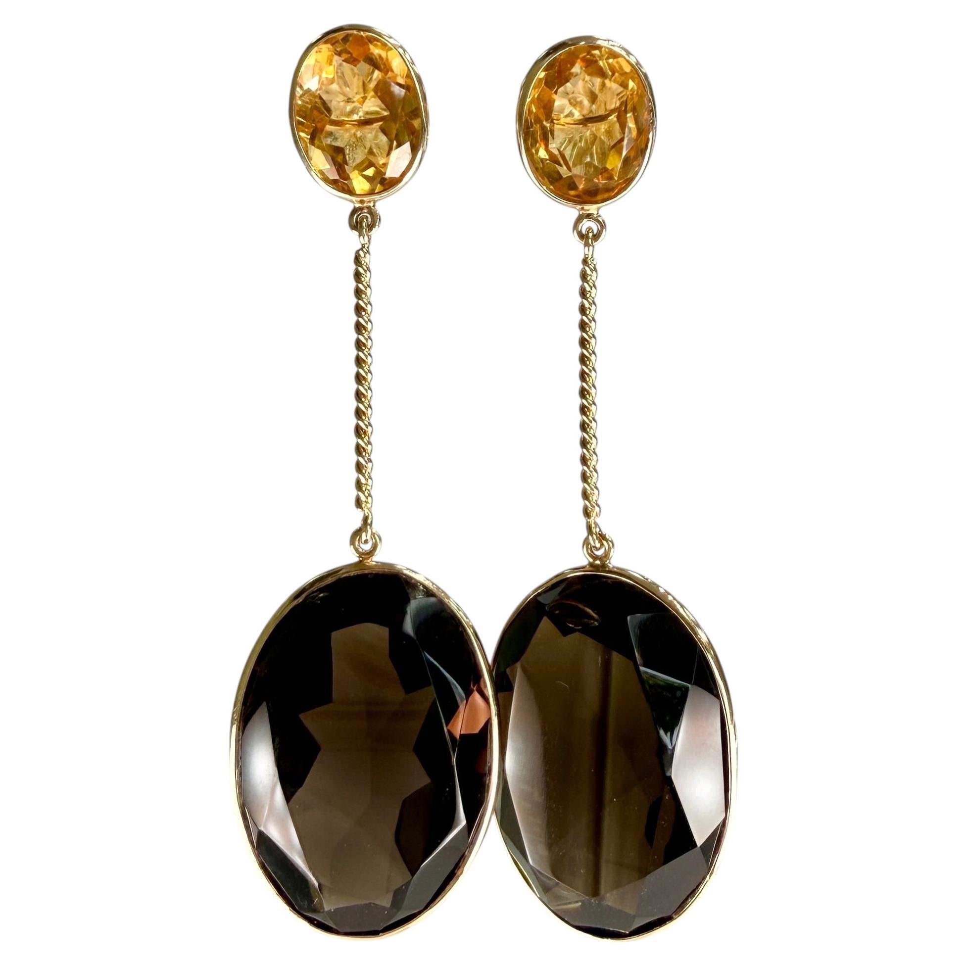 Rauchquarz und Citrin Statement-Baumel-Ohrringe 14k Gelbgold