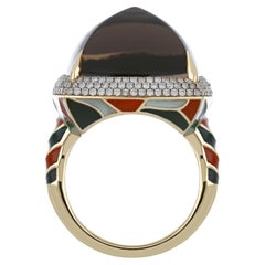 Smoky Quartz and Diamond Ring 14 Karat Yellow Gold
