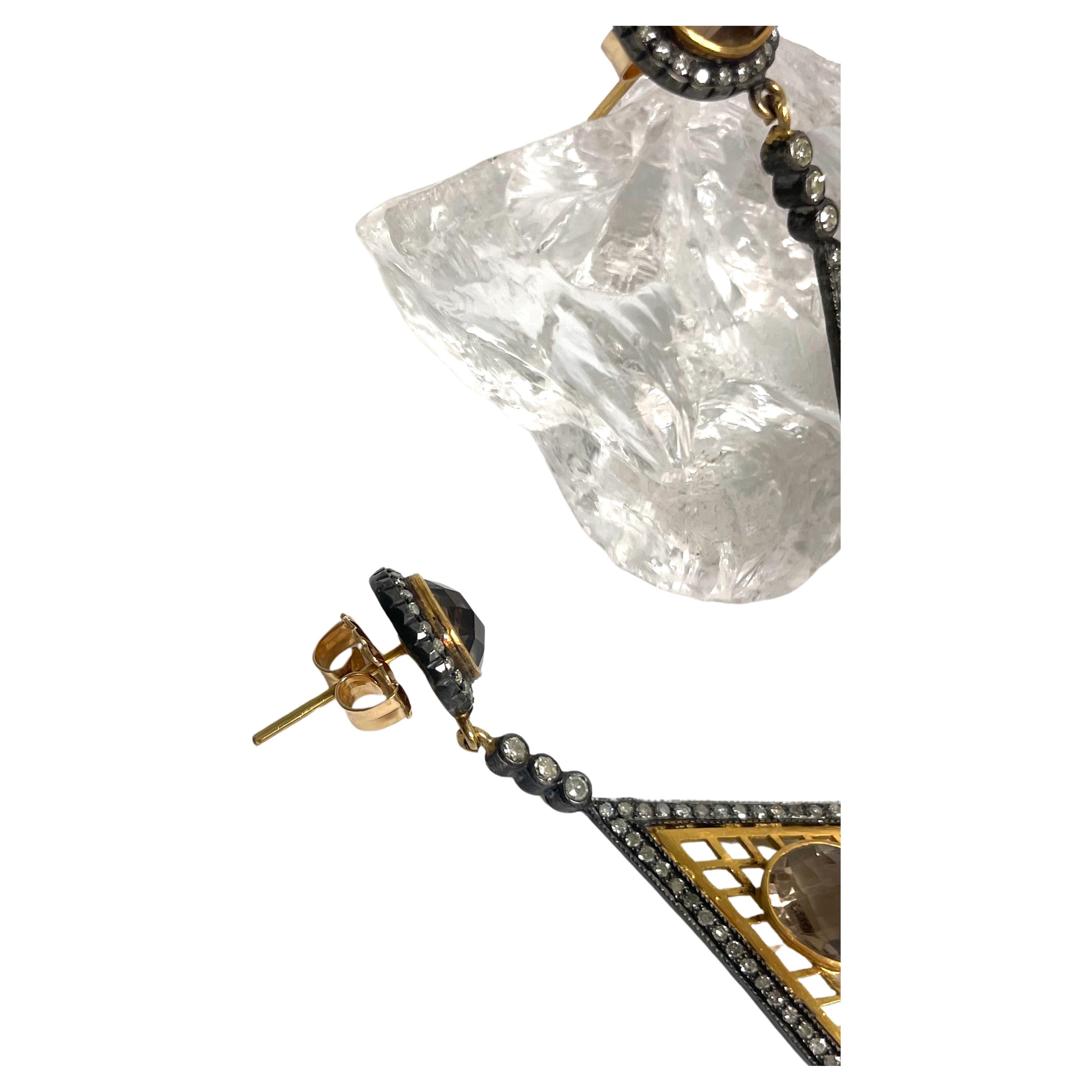 Artisan Smoky Quartz and Diamonds Geometrical Paradizia Earrings For Sale