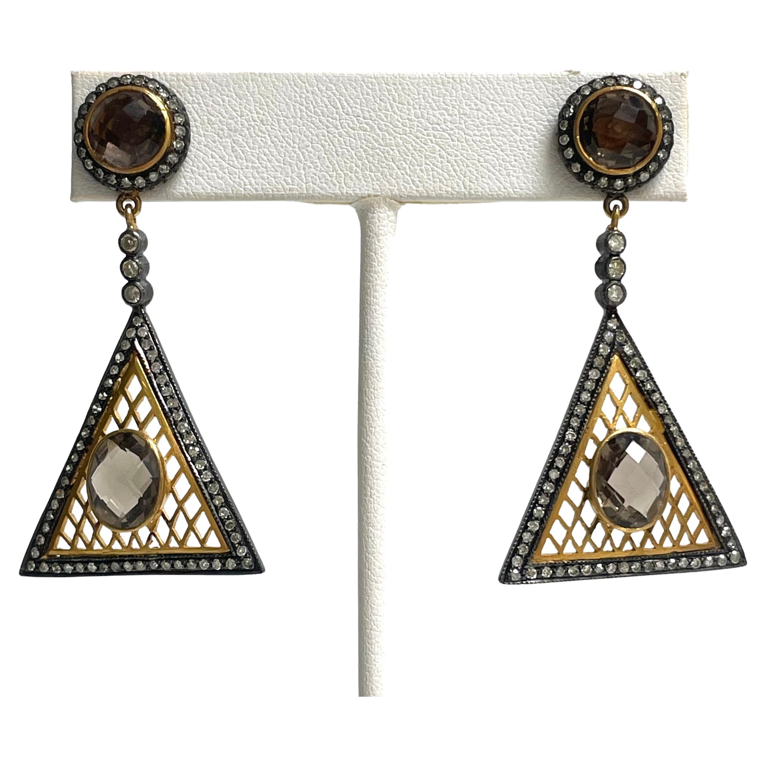 Smoky Quartz and Diamonds Geometrical Paradizia Earrings In New Condition For Sale In Laguna Beach, CA