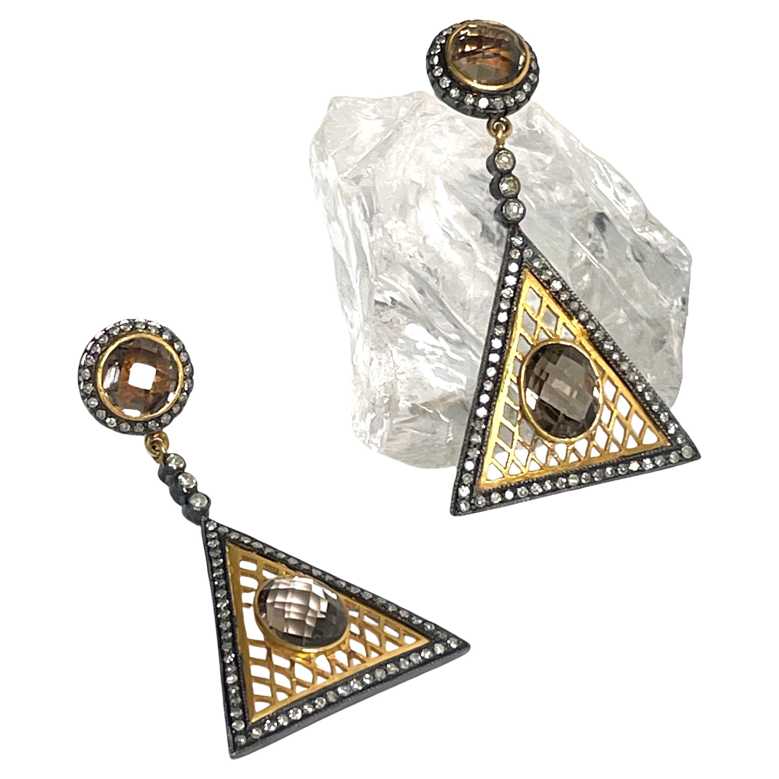 Smoky Quartz and Diamonds Geometrical Paradizia Earrings For Sale 1