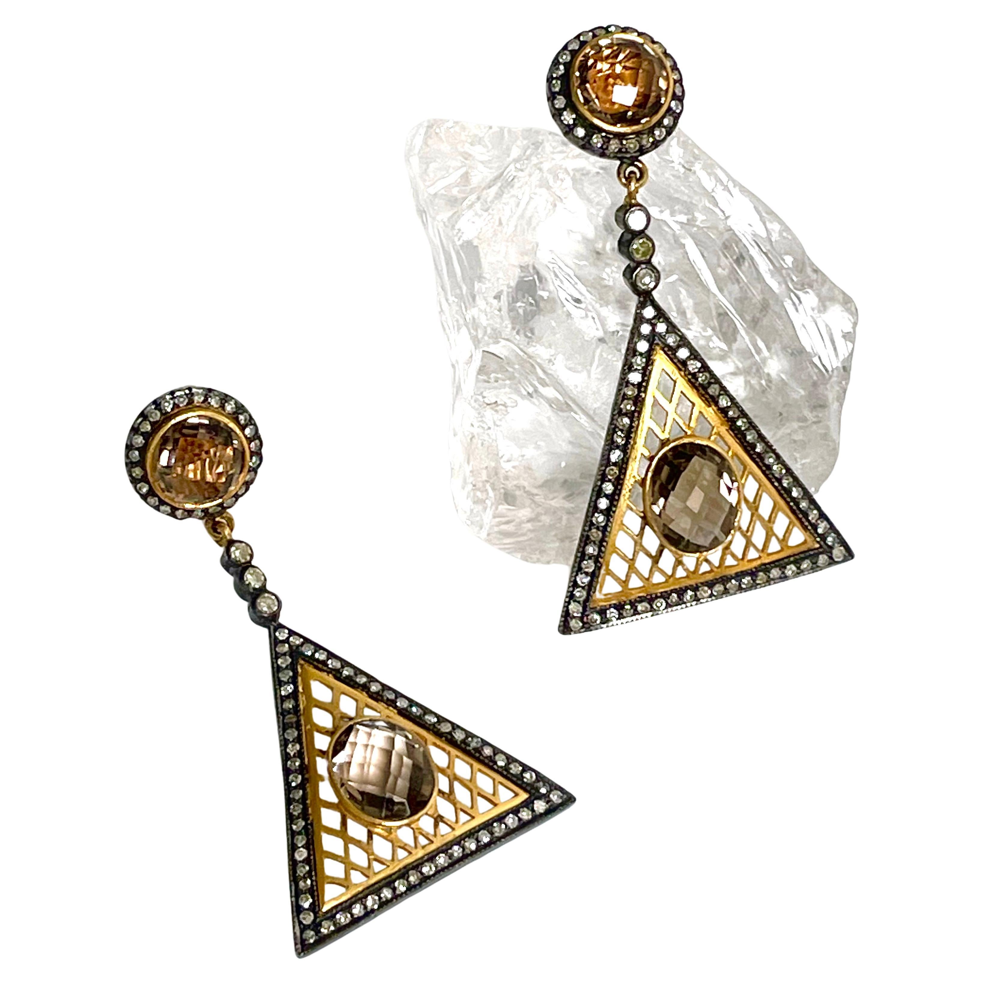 Smoky Quartz and Diamonds Geometrical Paradizia Earrings For Sale 3