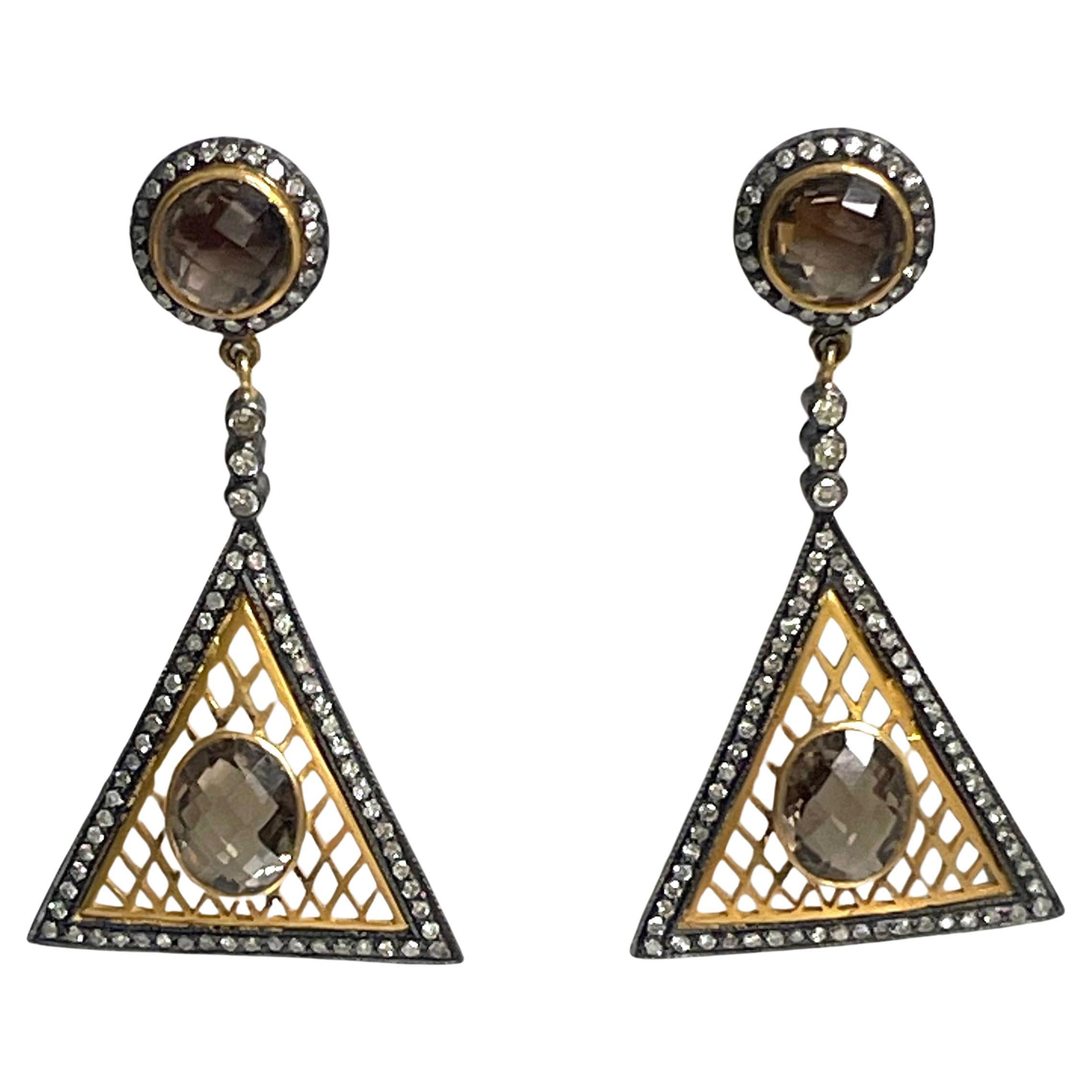 Smoky Quartz and Diamonds Geometrical Paradizia Earrings For Sale 4