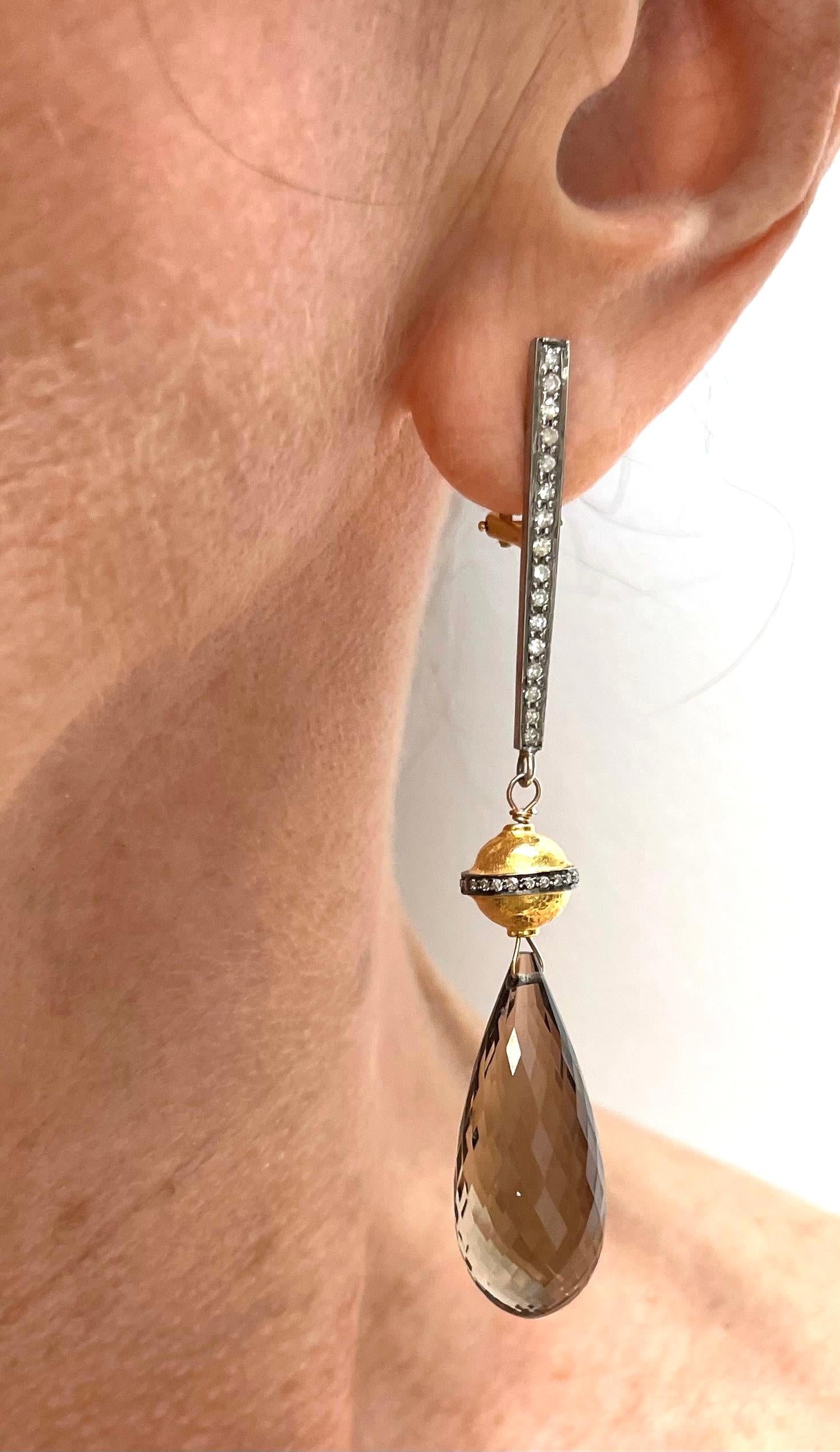 Description
Is simply elegant just what you need to add that finishing touch to your look? Sparkling faceted Smoky Quartz prominently suspends from a unique two-toned sphere encircled with a pave diamond band, all dangle effortlessly from a tapered