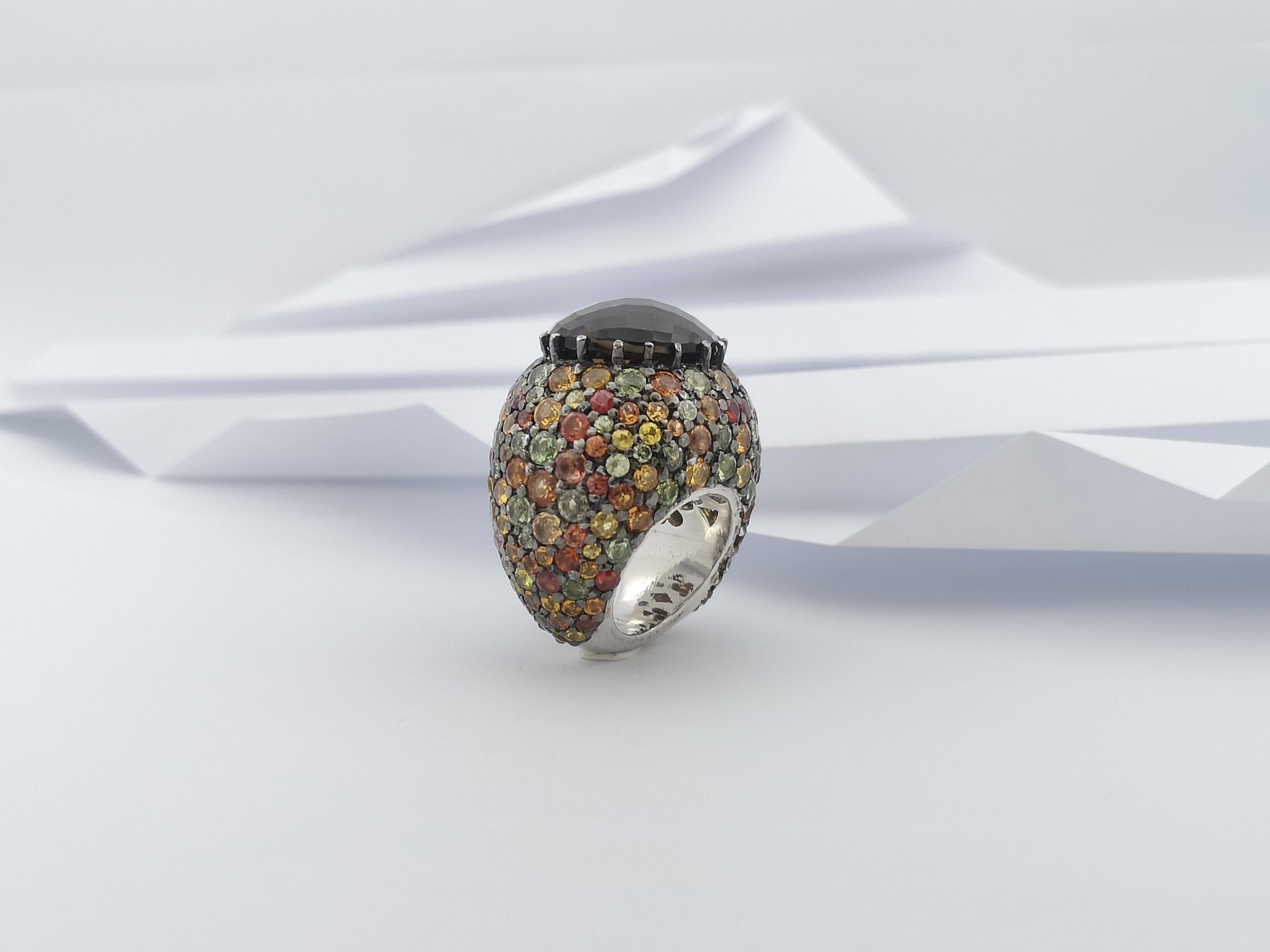 Smoky Quartz and Rainbow Colour Sapphire Ring set in Silver Settings For Sale 4