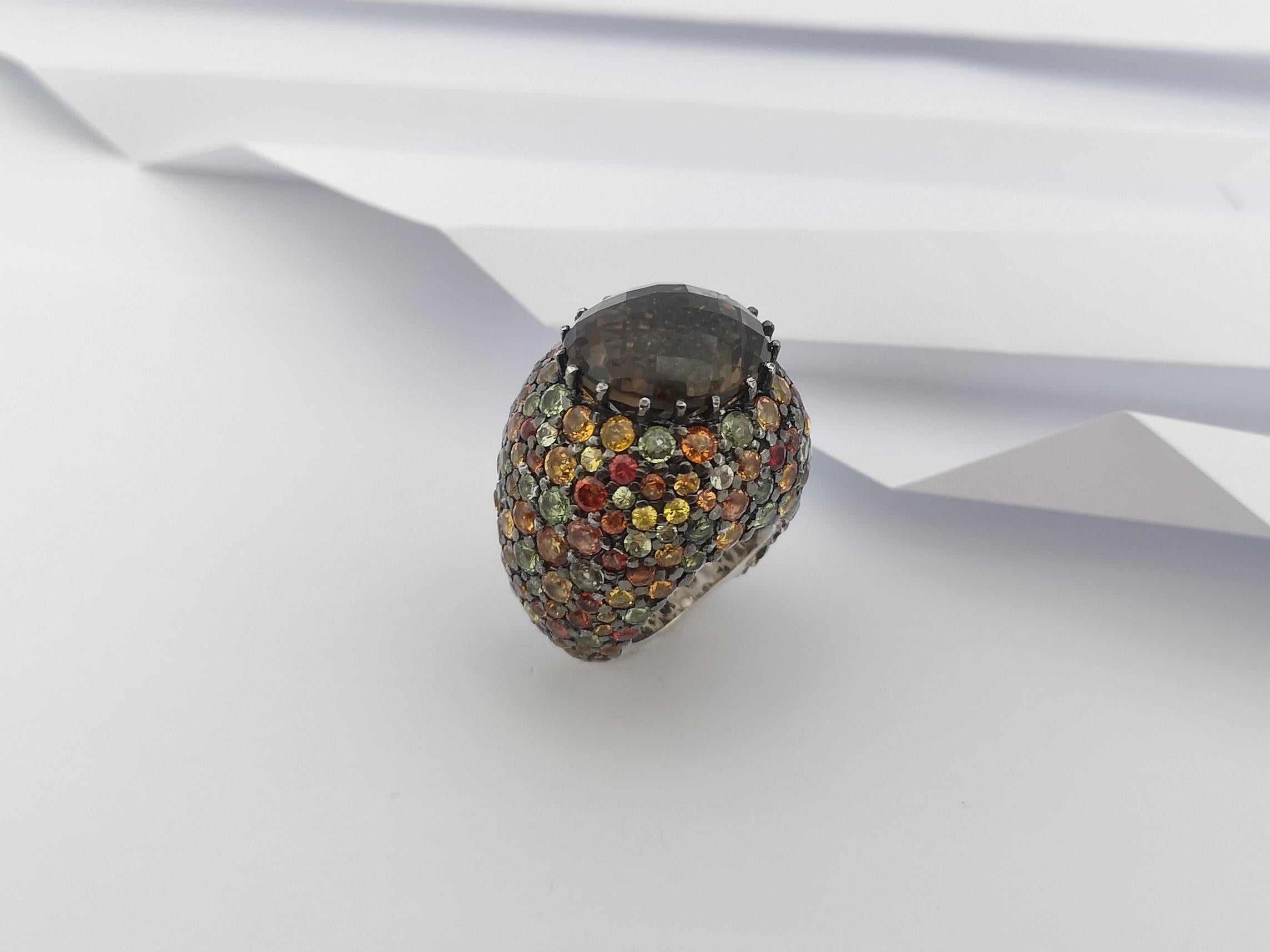 Smoky Quartz and Rainbow Colour Sapphire Ring set in Silver Settings For Sale 5