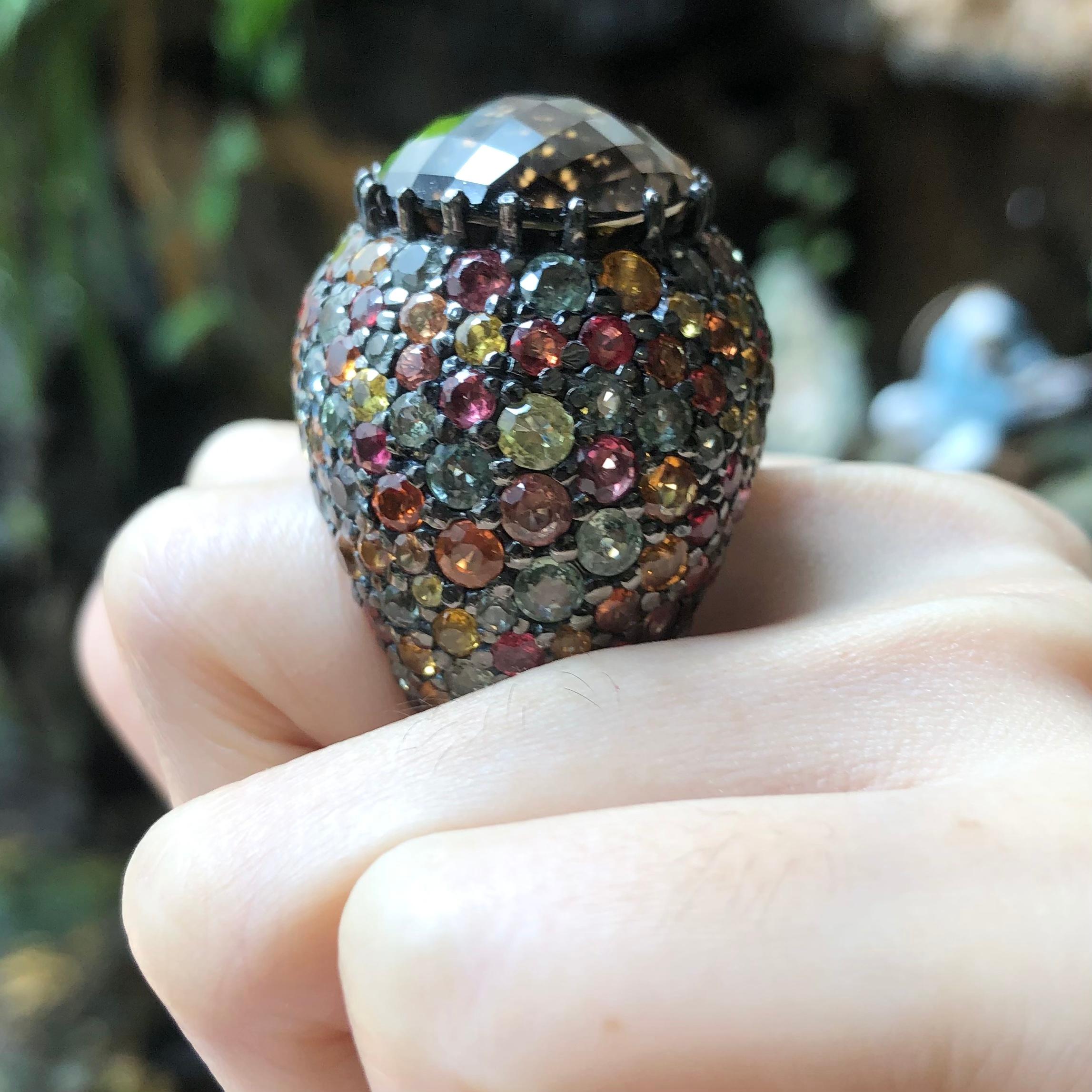 Mixed Cut Smoky Quartz and Rainbow Colour Sapphire Ring set in Silver Settings For Sale