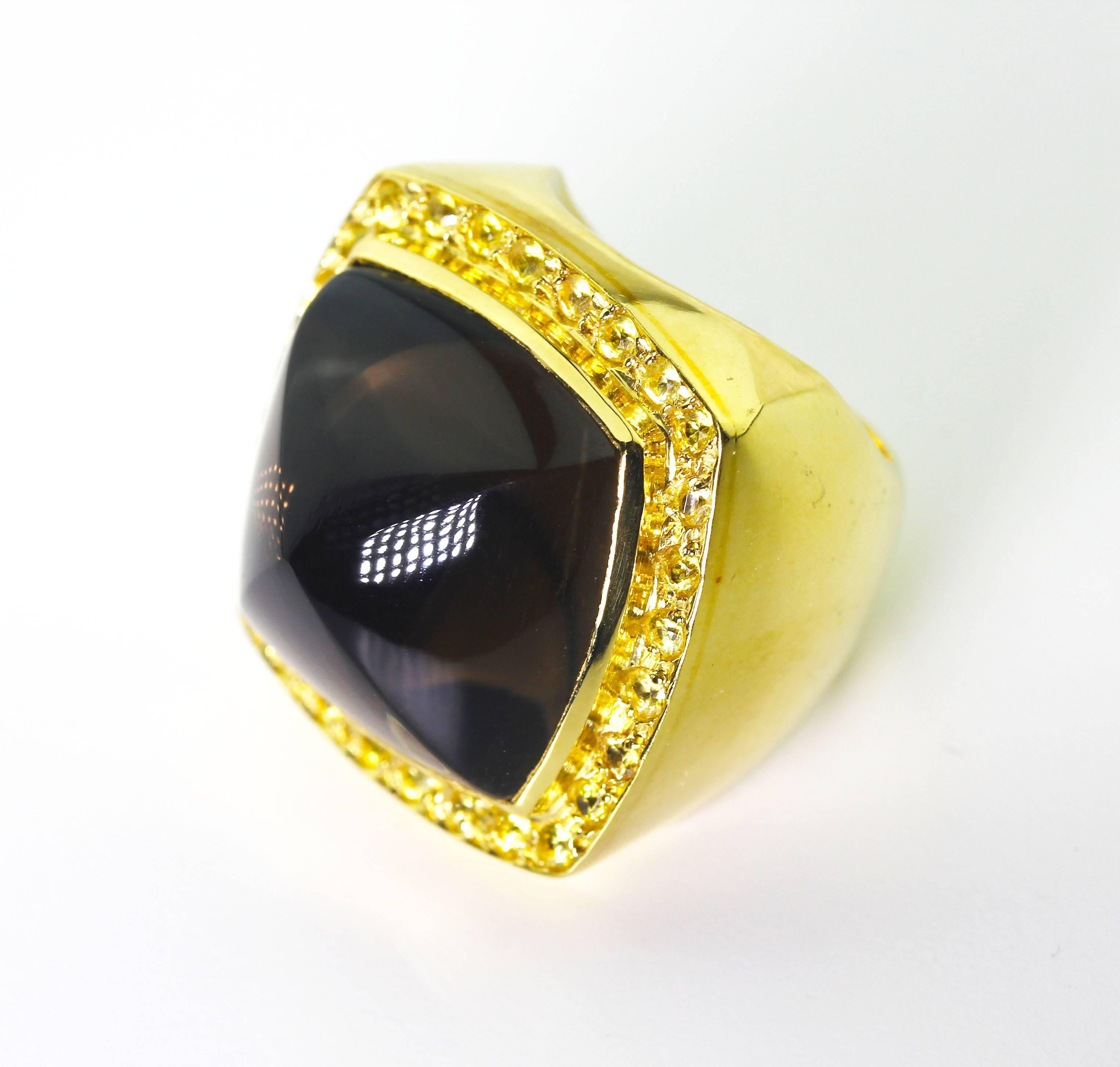 Mixed Cut AJD HUGE STATEMENT MAKING Smoky Quartz and Sapphire 18 Karat Yellow Gold Ring For Sale