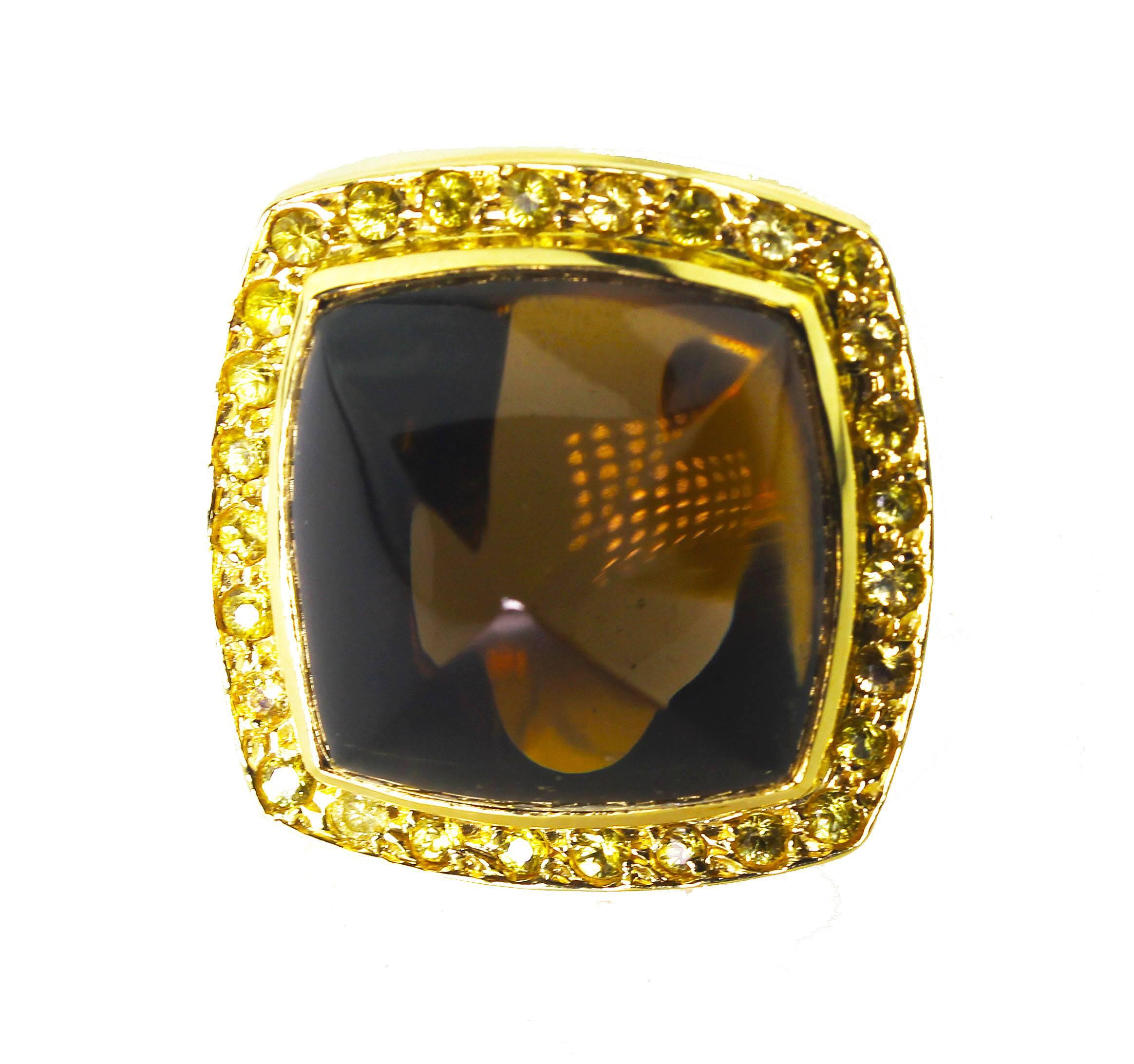 AJD HUGE STATEMENT MAKING Smoky Quartz and Sapphire 18 Karat Yellow Gold Ring For Sale