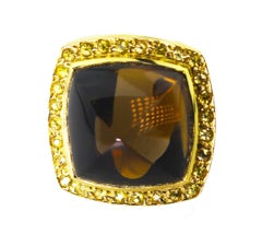 AJD HUGE STATEMENT MAKING Smoky Quartz and Sapphire 18 Karat Yellow Gold Ring