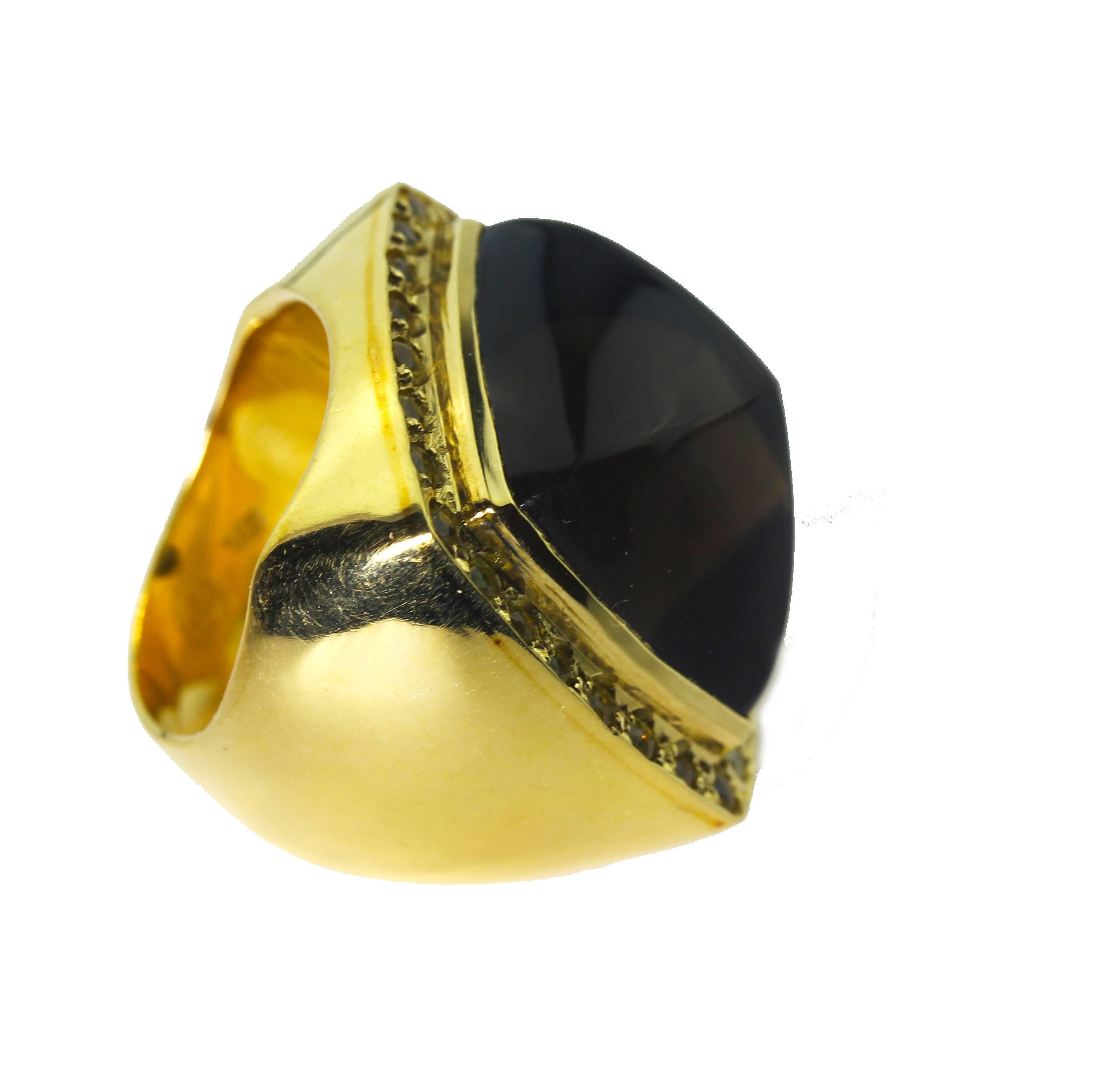 AJD HUGE STATEMENT MAKING Smoky Quartz and Sapphire 18 Karat Yellow Gold Ring In New Condition For Sale In Raleigh, NC