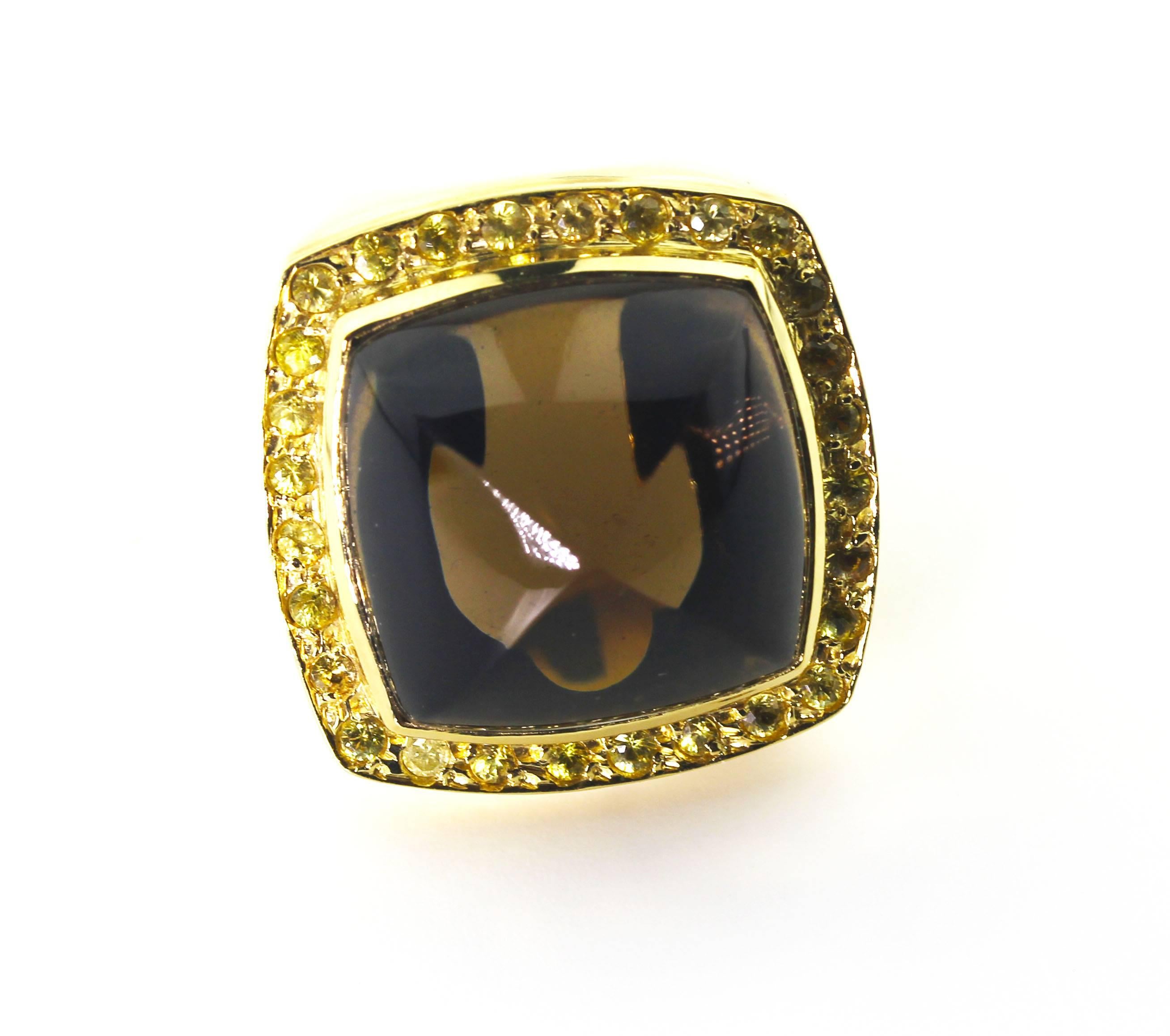 Women's AJD HUGE STATEMENT MAKING Smoky Quartz and Sapphire 18 Karat Yellow Gold Ring For Sale