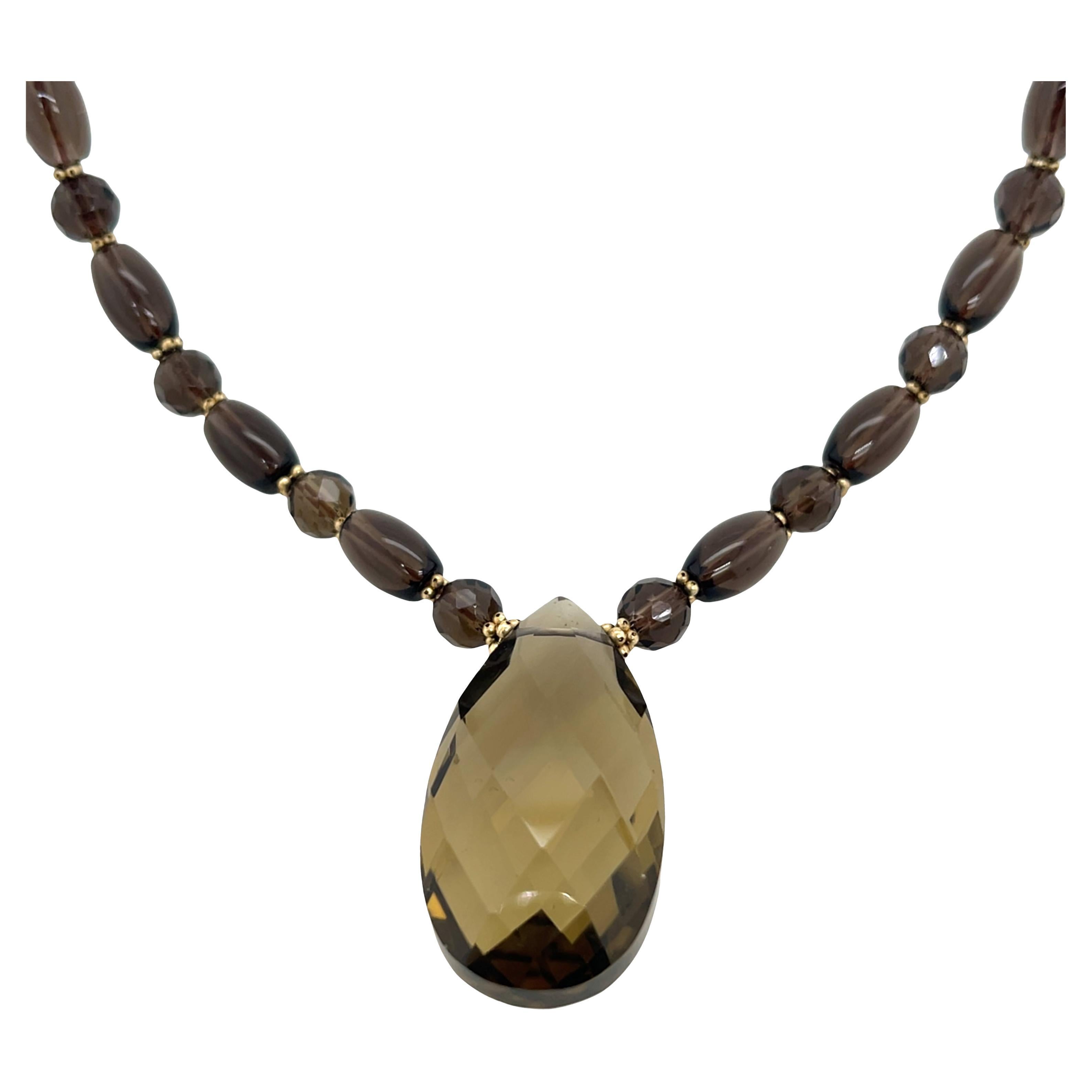Smoky Quartz Beaded Pendant Necklace – 16", 14ct Clasp en venta