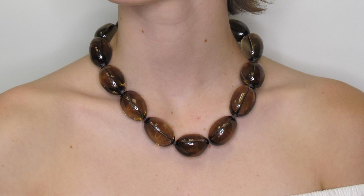 Artisan Smoky Coffee Quartz Beaded Necklace with 14k Yellow Gold Clasp, 18.5 Inches For Sale