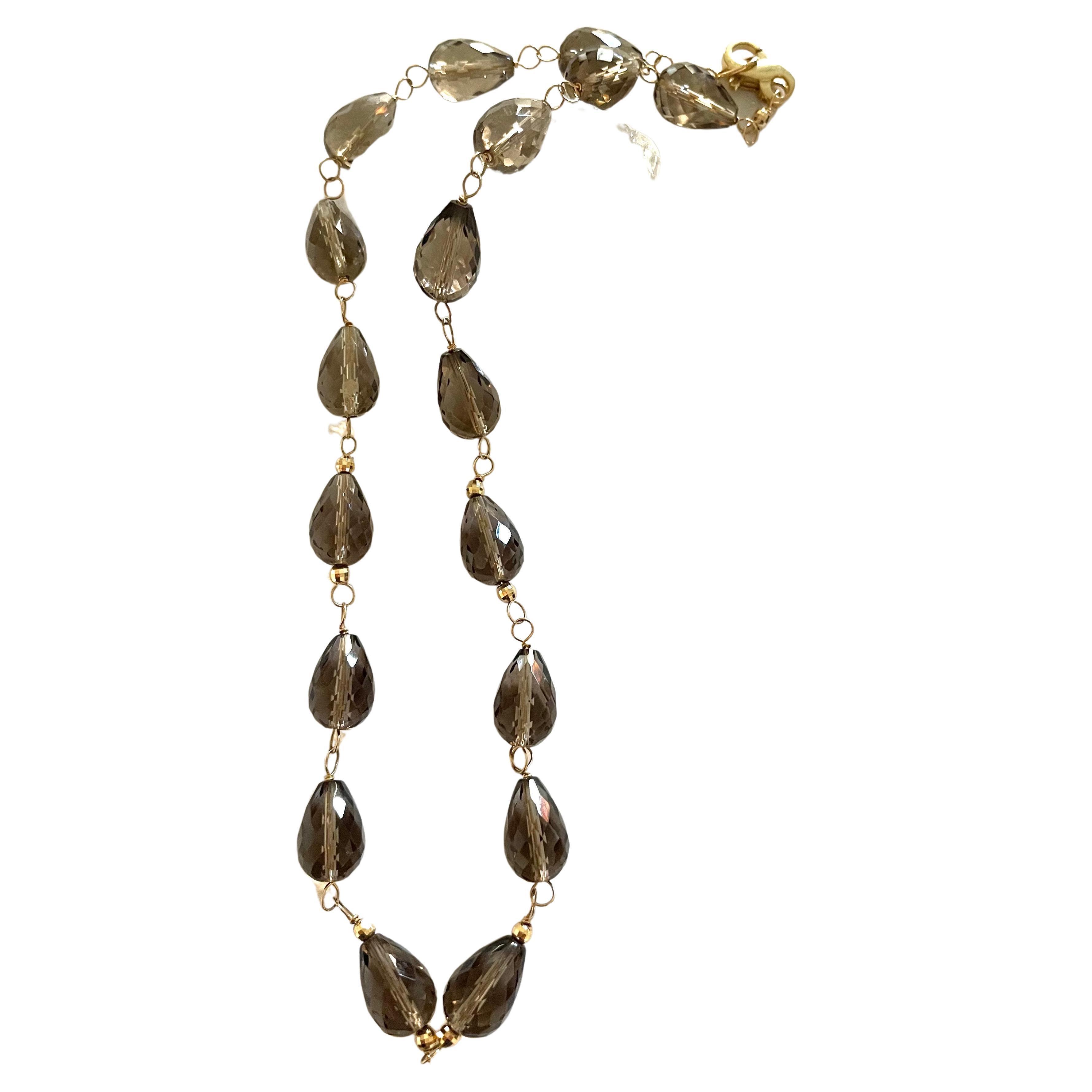 Artisan Smoky Quartz Briolette Necklace with Yellow Gold Accents For Sale