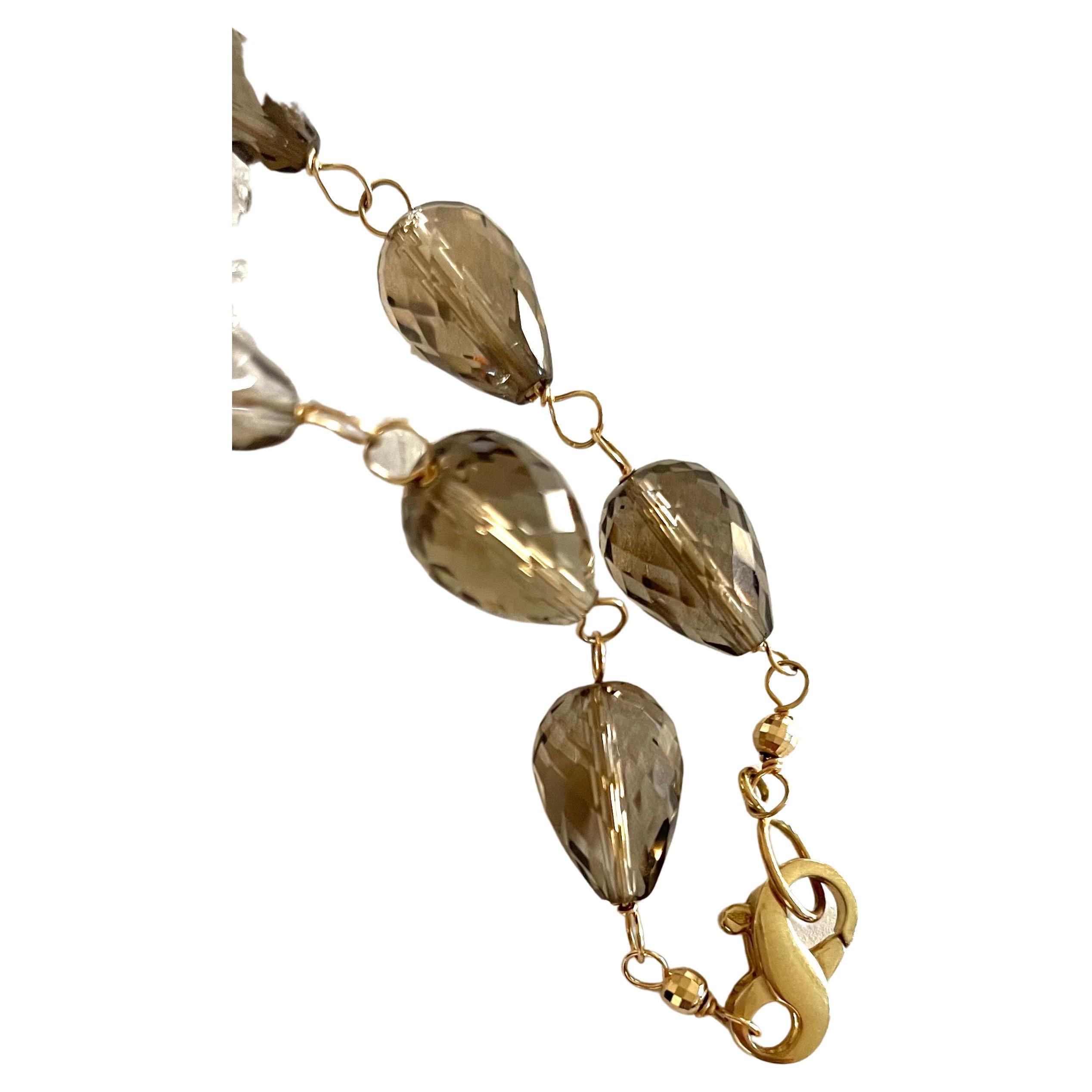 Briolette Cut Smoky Quartz Briolette Necklace with Yellow Gold Accents For Sale