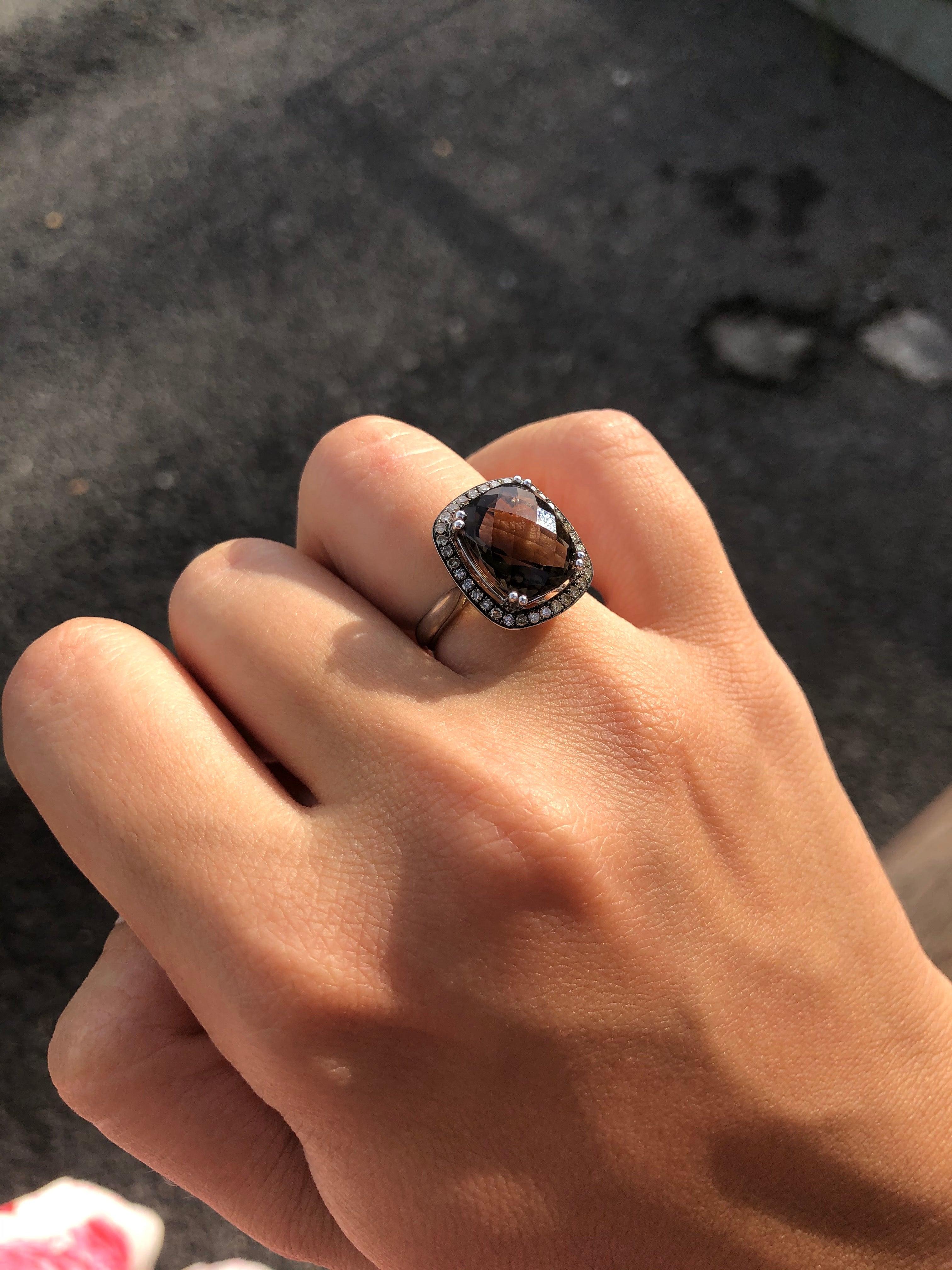 For Sale:  Smoky Quartz Cognac Diamond White Gold Cabochon Stone Ring for Her Ring 2