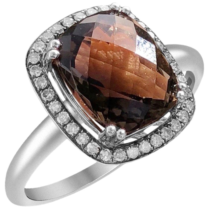 Smoky Quartz Cognac Diamond White Gold Cabochon Stone Ring for Her Ring