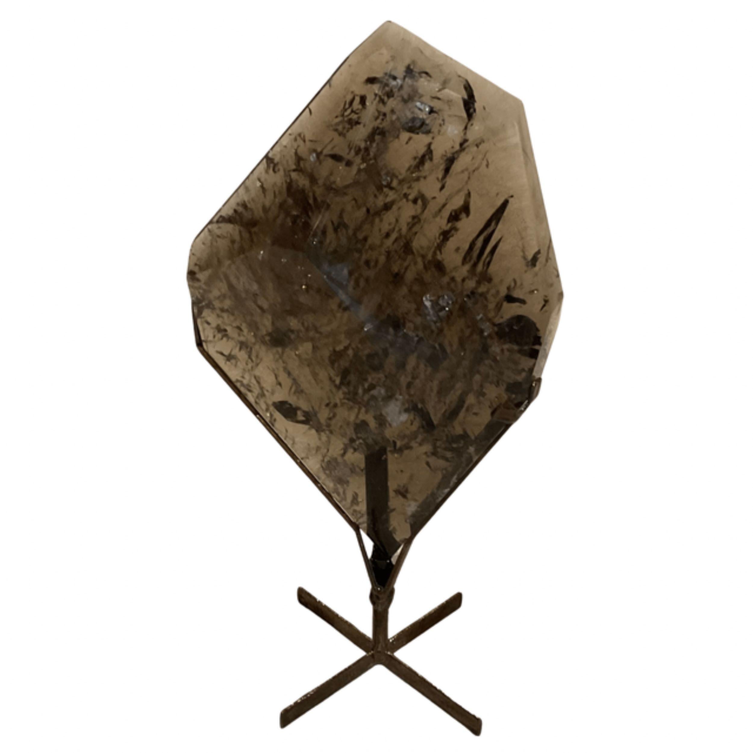 Metal Smoky Quartz Crystal Slab on Stand