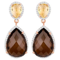 Smoky Quartz Dangle Earrings Citrine 20.7 Carats 18K Rose Gold Plated Silver
