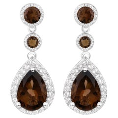 Smoky Quartz Dangle Earrings White Topaz 7.39 Carats Sterling Silver
