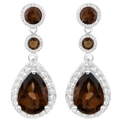 Smoky Quartz Dangle Earrings White Topaz 7.39 Carats Sterling Silver