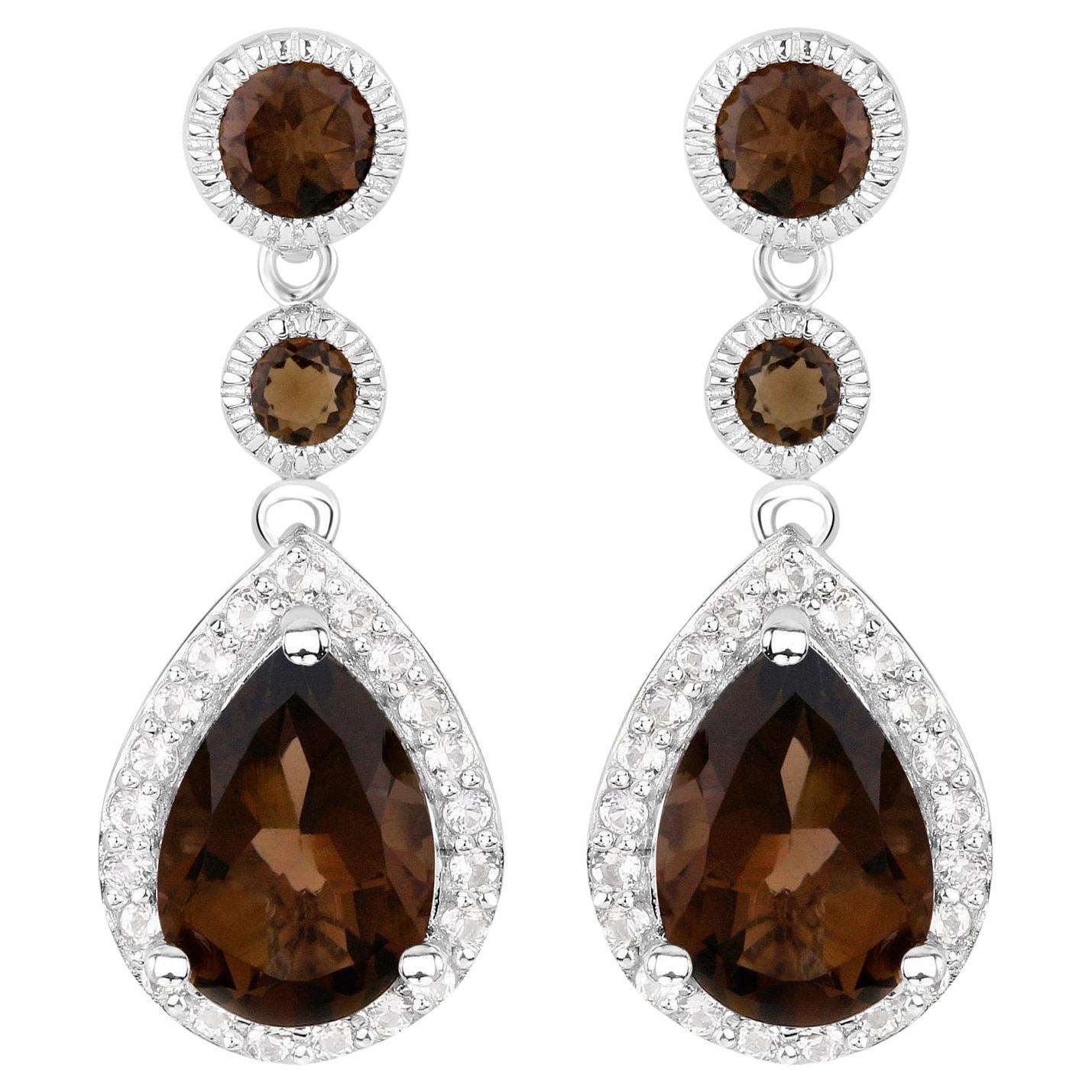 Smoky Quartz Dangle Earrings White Topaz 7.39 Carats Sterling Silver