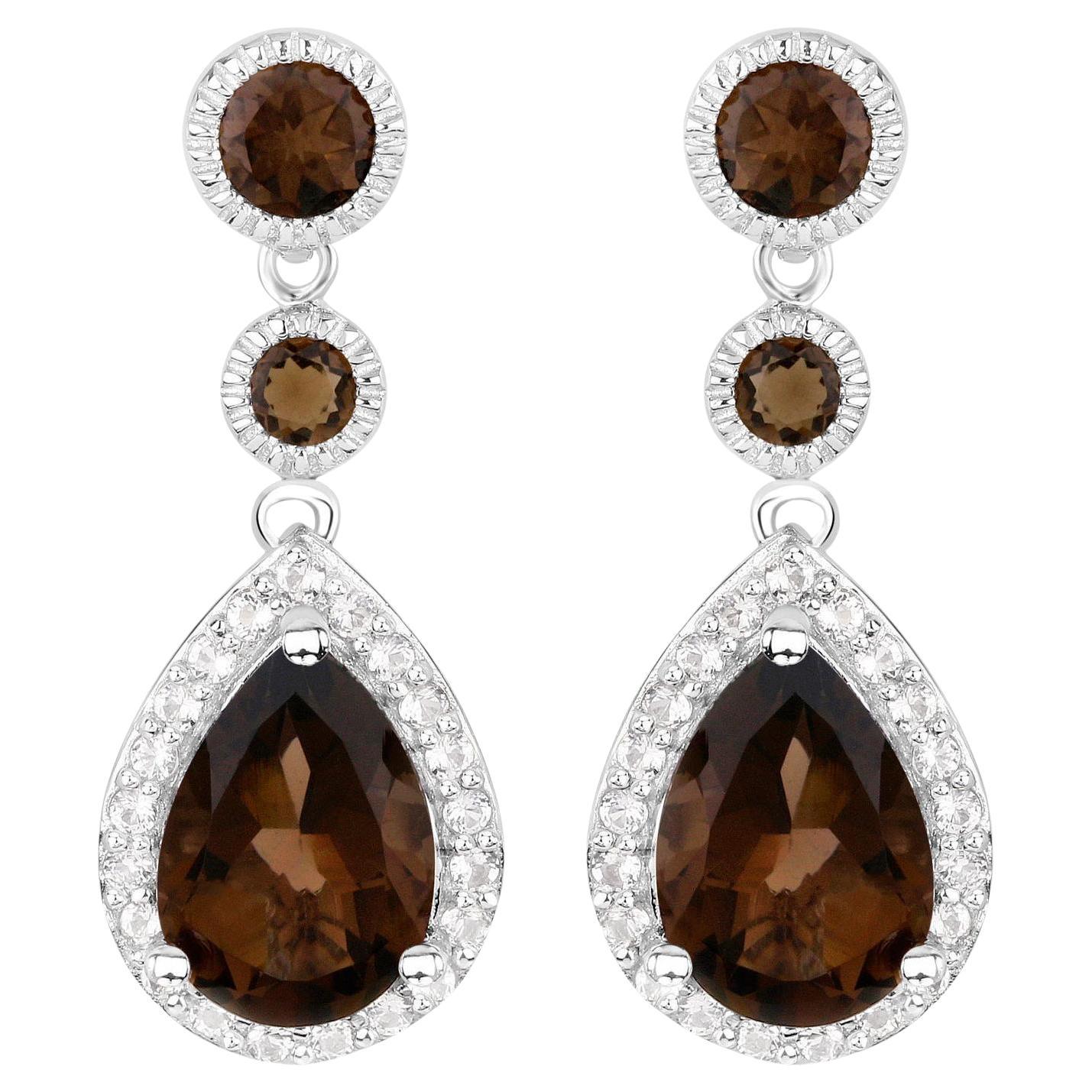 Smoky Quartz Dangle Earrings White Topaz 7.39 Carats Sterling Silver