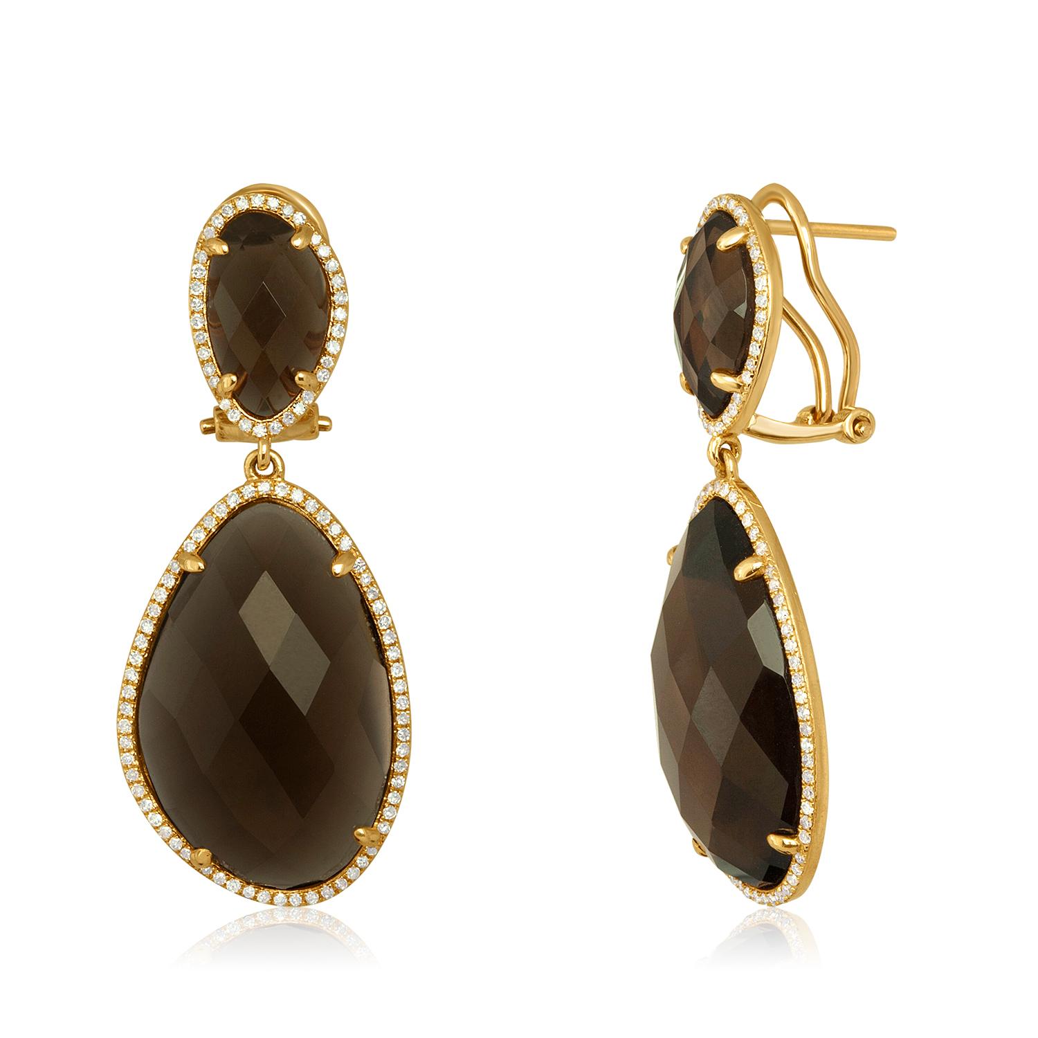 Smoky Quartz Stones surrounded by Diamonds 
Set in 14K Rose Gold
The Smokey Quartz 31.70ct
Diamonds 0.58ct H SI
The earrings measure 1.5