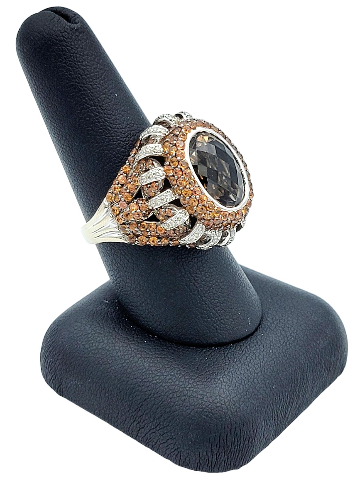 Smoky Quartz, Diamond and Orange Sapphire Pave Cocktail Ring in 14 Karat Gold For Sale 4