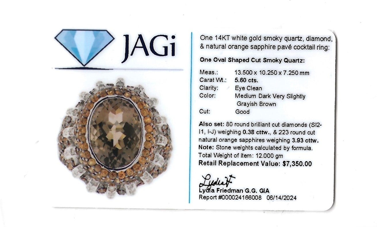 Smoky Quartz, Diamond and Orange Sapphire Pave Cocktail Ring in 14 Karat Gold For Sale 5