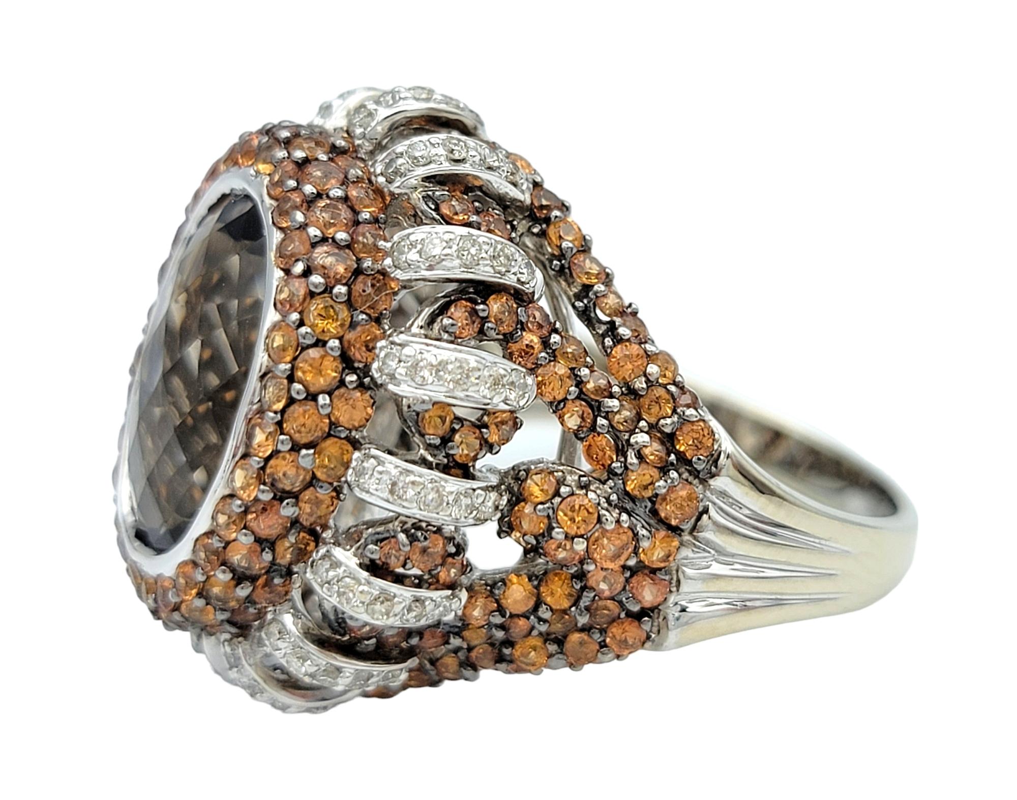 Contemporary Smoky Quartz, Diamond and Orange Sapphire Pave Cocktail Ring in 14 Karat Gold For Sale