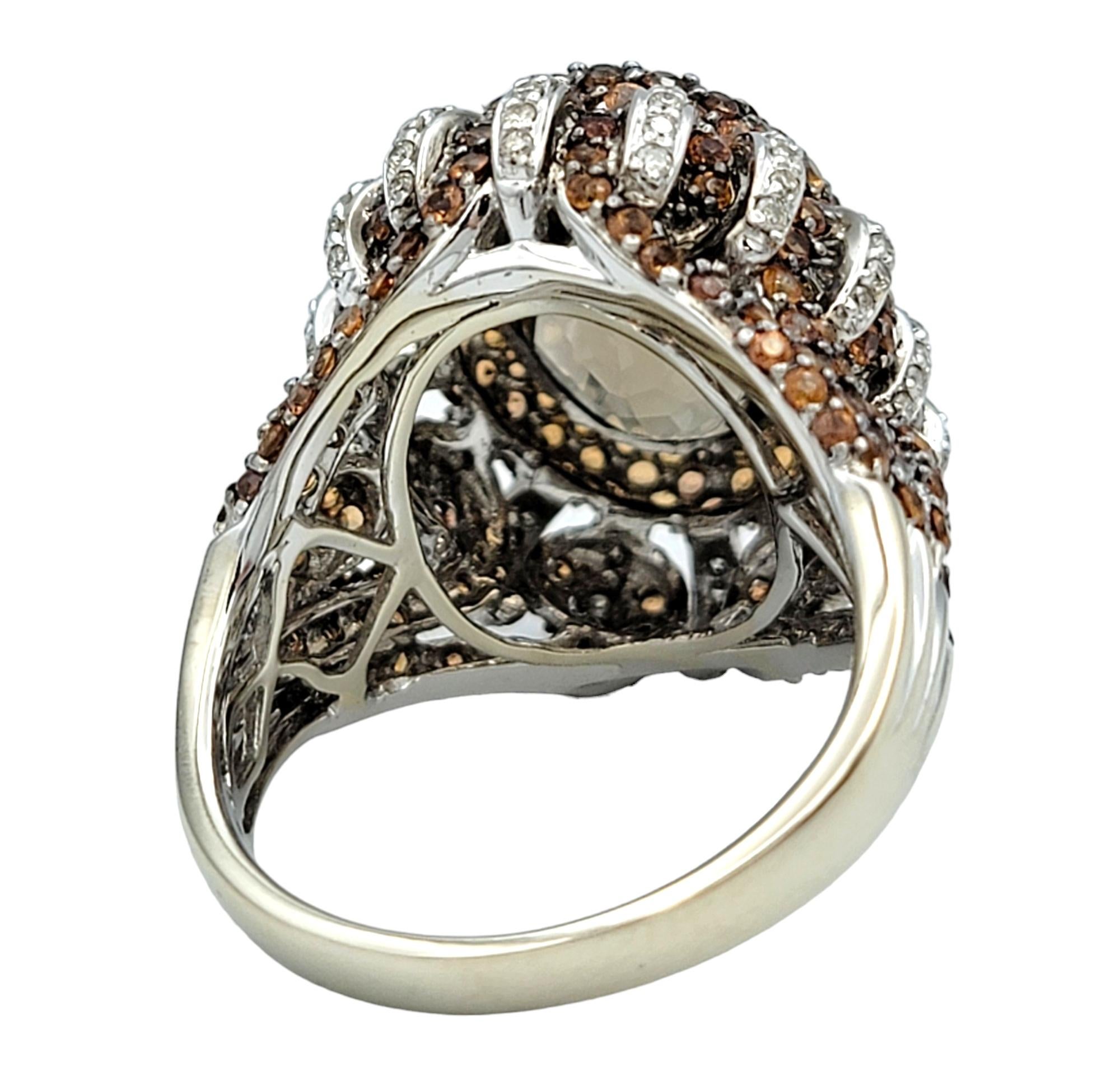 Oval Cut Smoky Quartz, Diamond and Orange Sapphire Pave Cocktail Ring in 14 Karat Gold For Sale