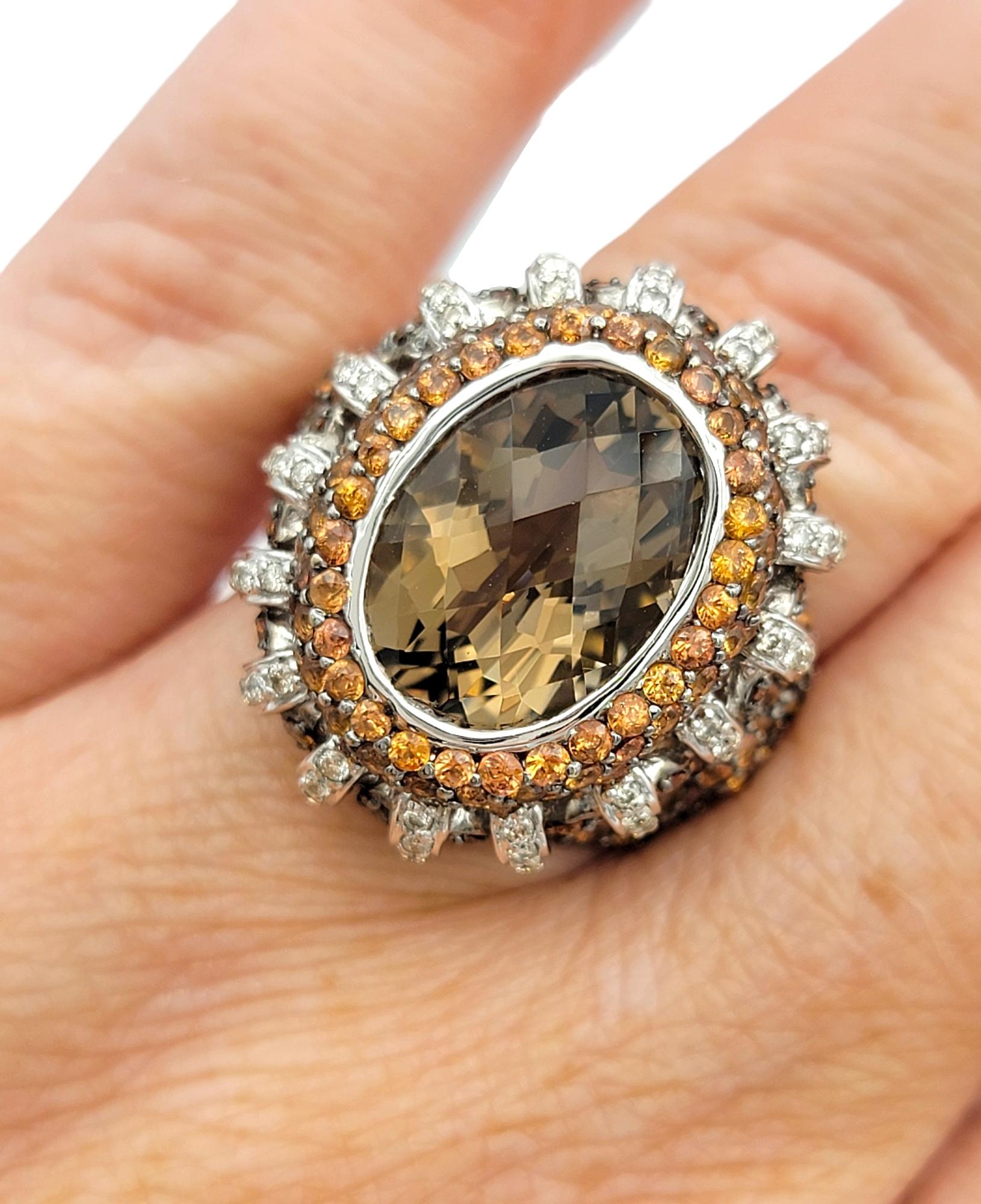 Smoky Quartz, Diamond and Orange Sapphire Pave Cocktail Ring in 14 Karat Gold For Sale 1