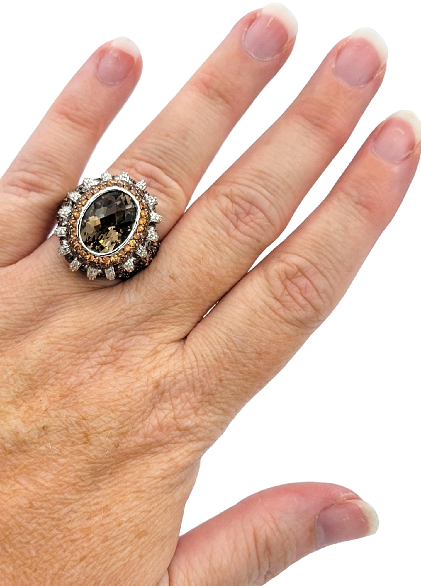 Smoky Quartz, Diamond and Orange Sapphire Pave Cocktail Ring in 14 Karat Gold For Sale 2
