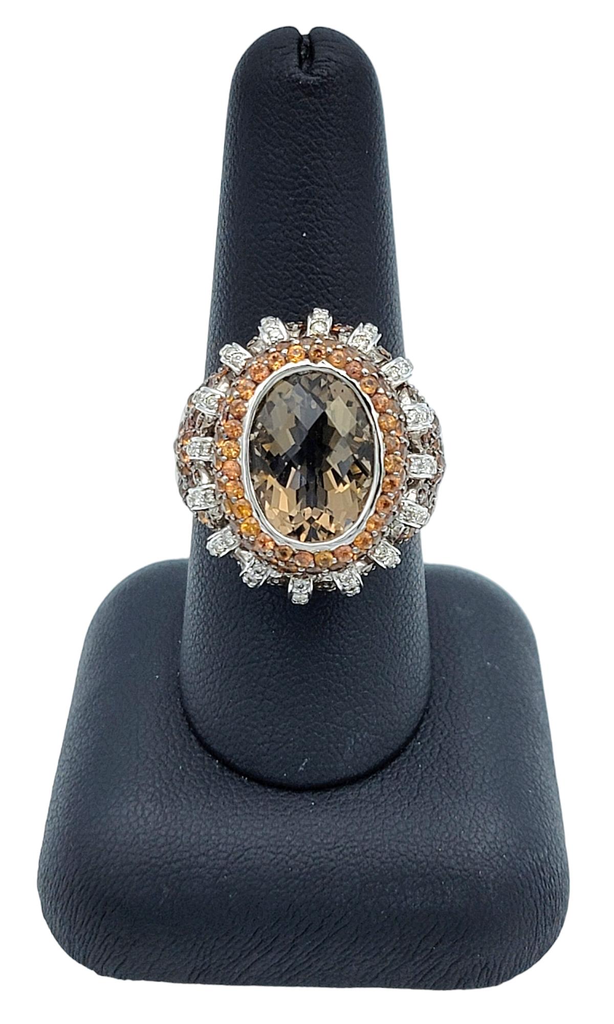 Smoky Quartz, Diamond and Orange Sapphire Pave Cocktail Ring in 14 Karat Gold For Sale 3