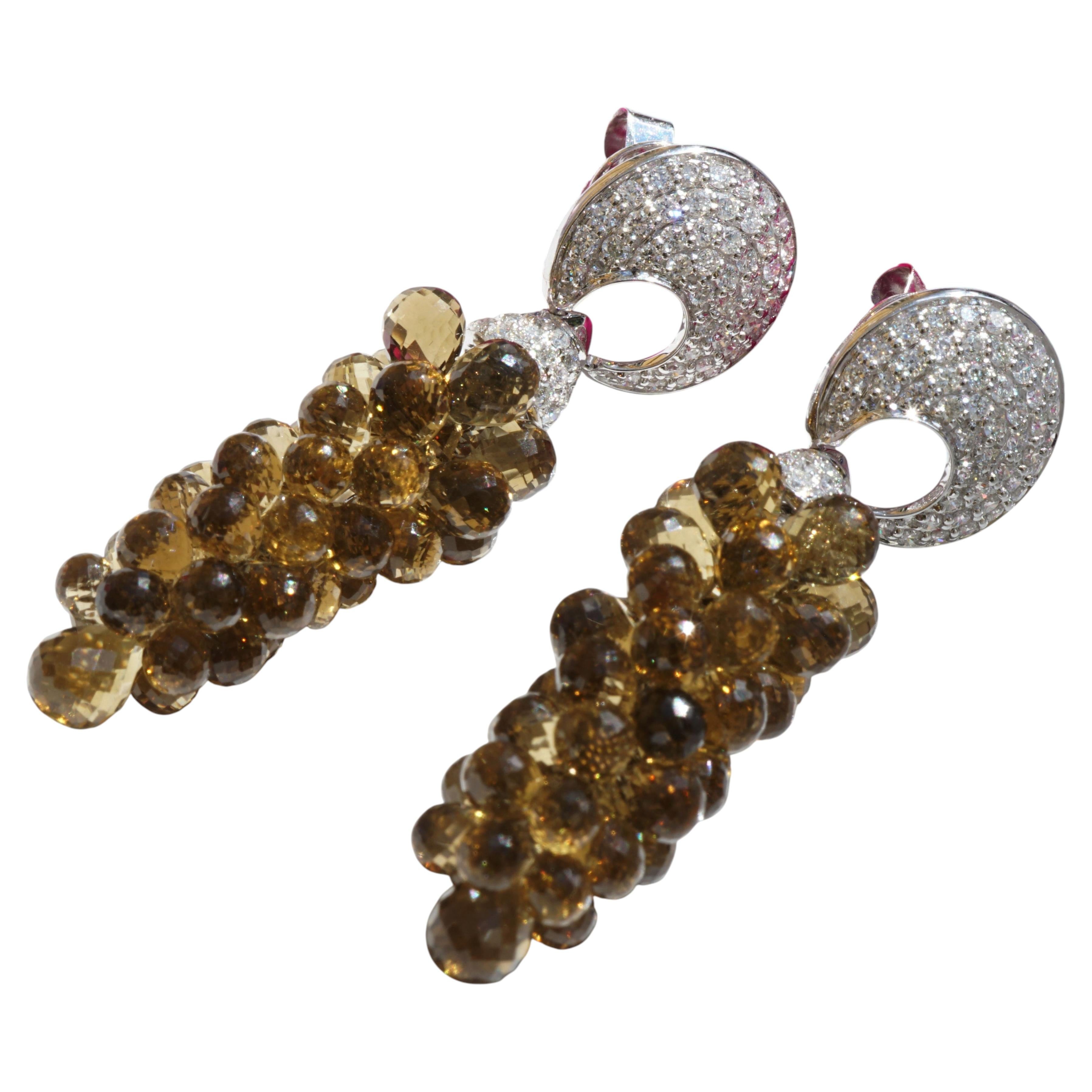 Smoky Quartz & Diamond Chandelier Earrings in 750 White Gold, 1.31 ct 11 Grams For Sale