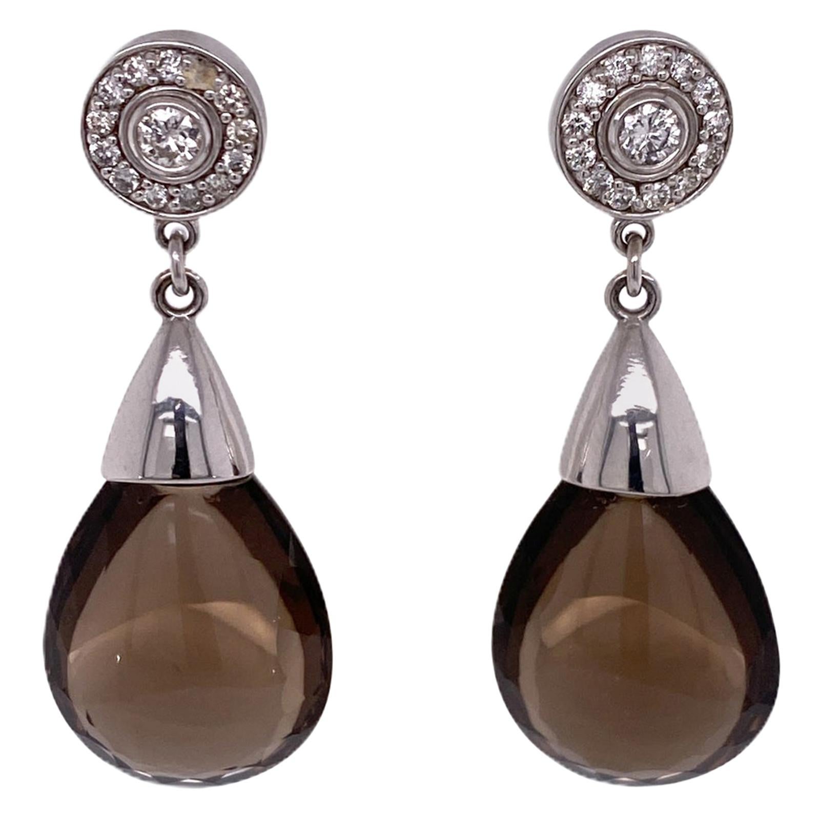 Smoky Quartz Diamond Drop 14 Karat White Gold Earrings