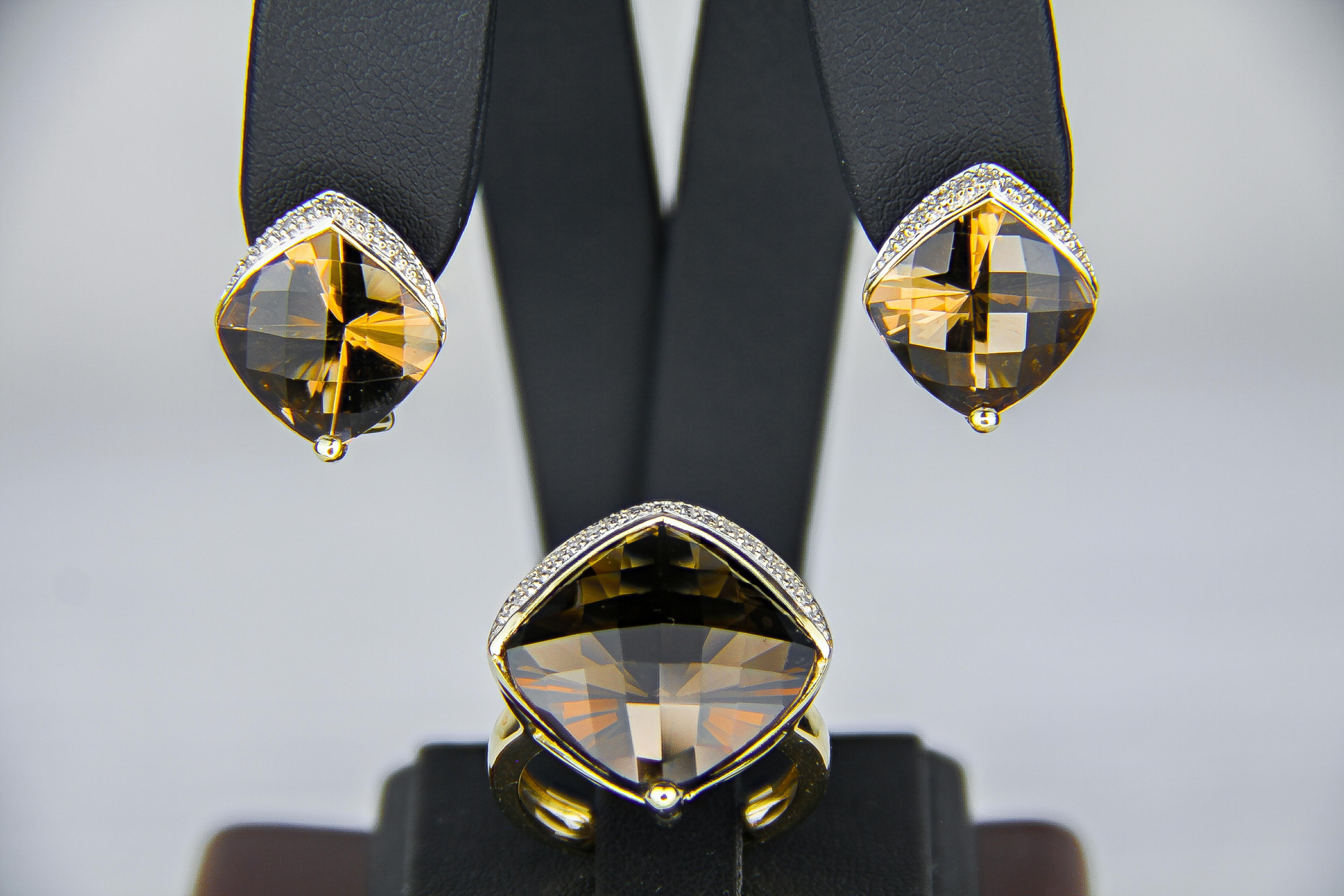 Modern Smoky Quartz Earrings in 14k Gold For Sale