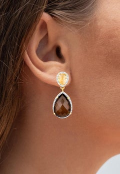 Smoky Quartz Earrings With Citrine 21 Carats Gold Plated Silver
