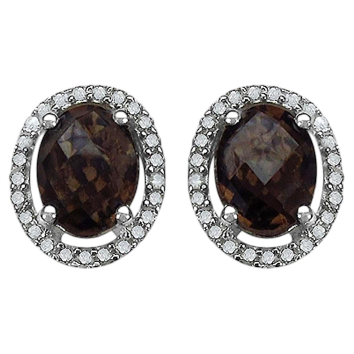 Smoky Quartz Earrings With Diamonds 2.34 Carats Sterling Silver