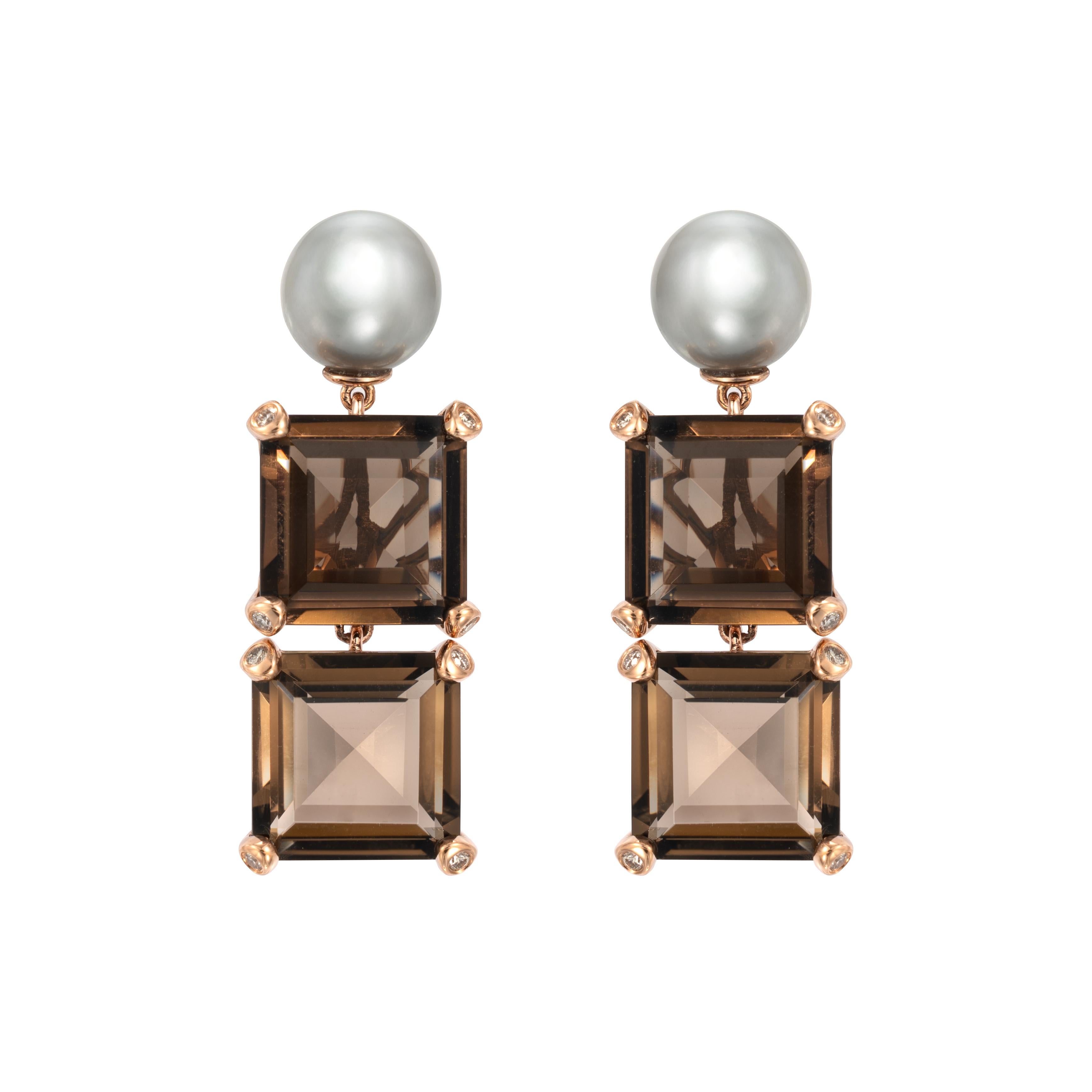 Contemporary Smoky Quartz Earrings with Pearls & Diamond in 18 Karat Rose Gold For Sale