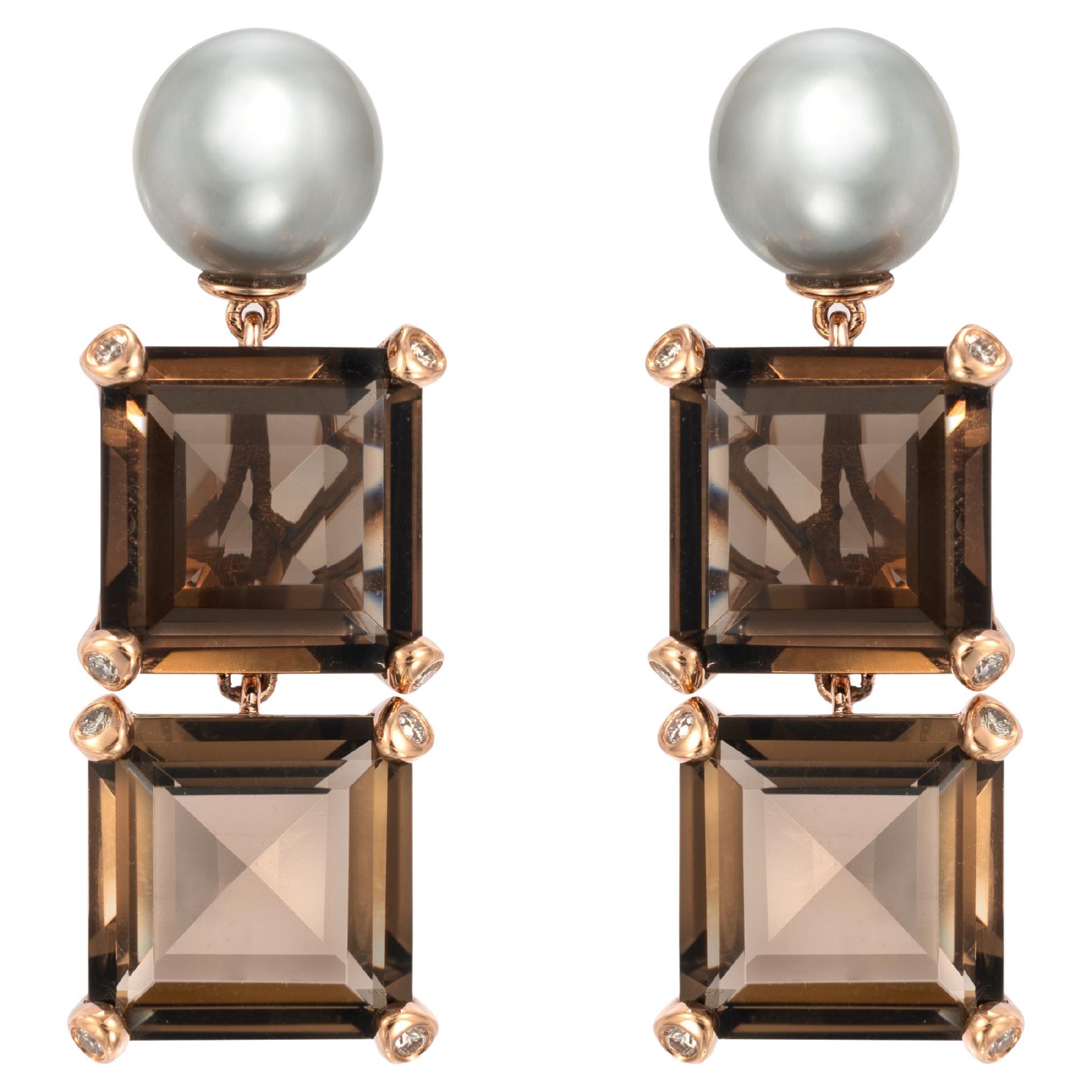 Boucles d'oreilles en or rose 18 carats avec quartz fumé, perles et diamants