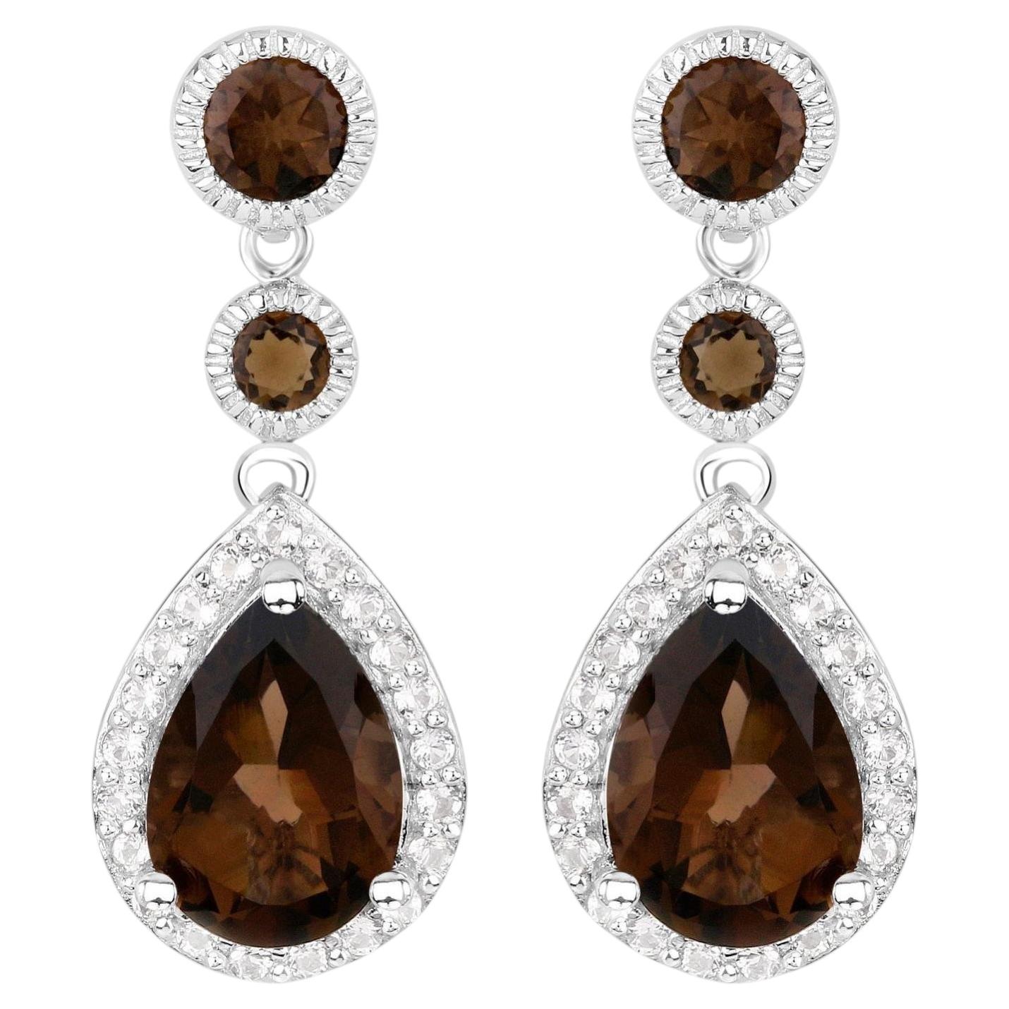 Smoky Quartz Earrings With White Topaz 7.26 Carats Sterling Silver