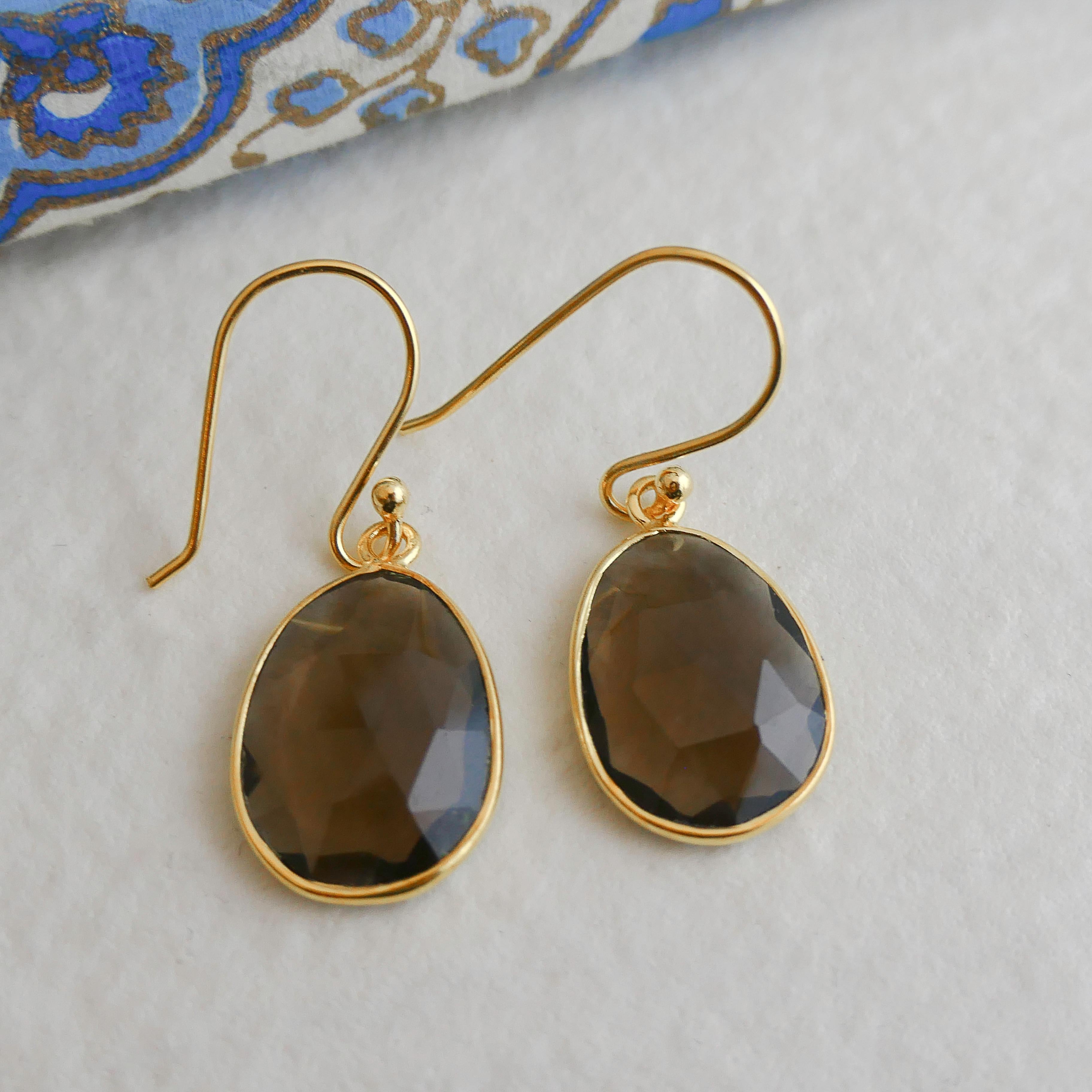 Oval Cut Smoky Quartz Gold Plated Sterling Silver Drop Dangle Earrings For Sale