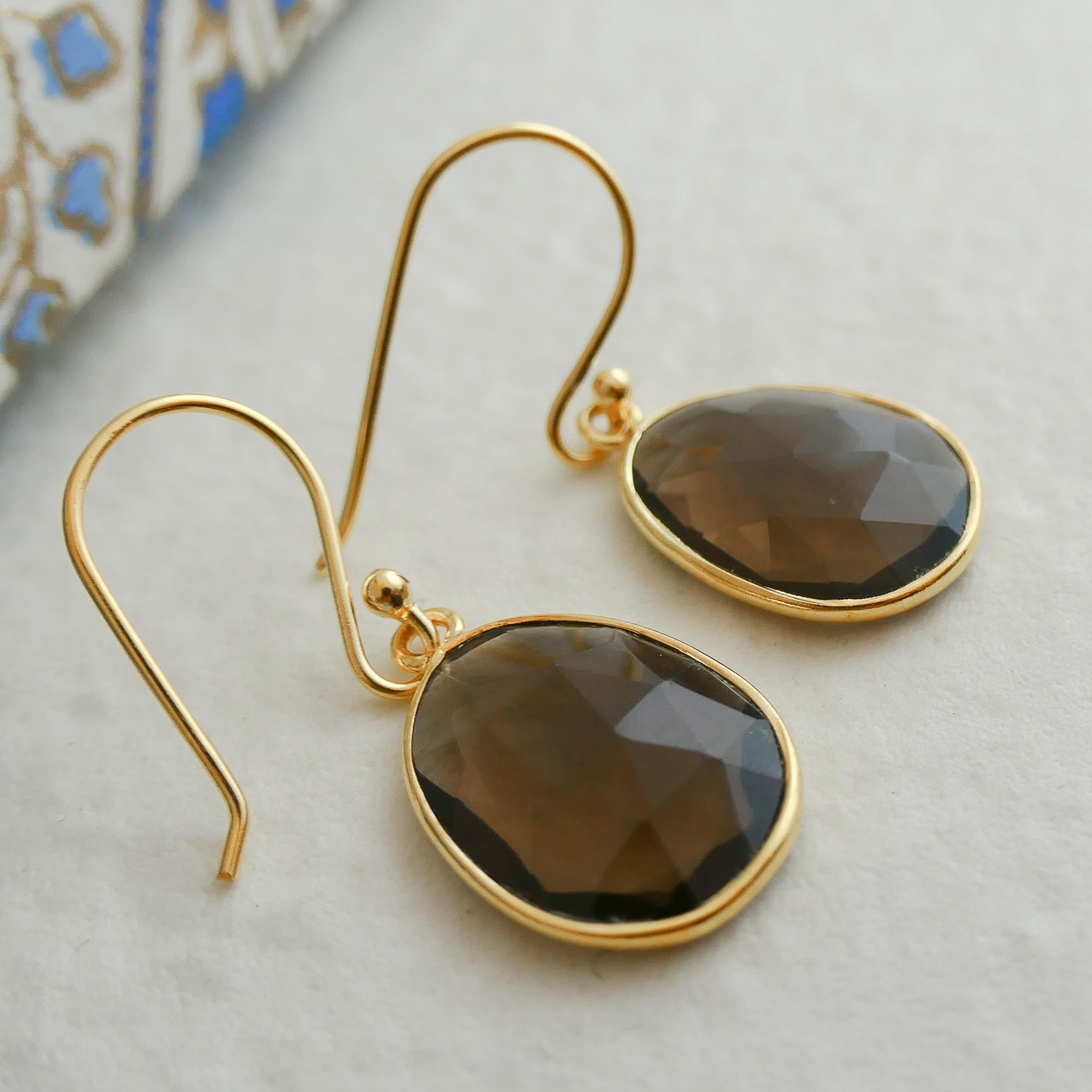 Smoky Quartz Gold Plated Sterling Silver Drop Dangle Earrings In New Condition For Sale In Oslo, 03